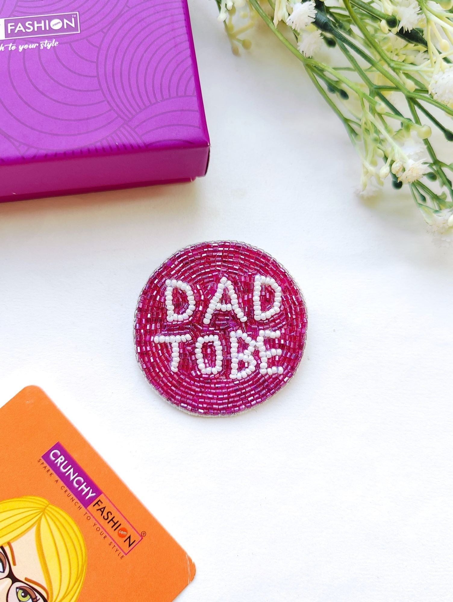 Handmade Dad-to-be Pink Beaded Brooch for Boho Baby Shower Gift or Party Accessory