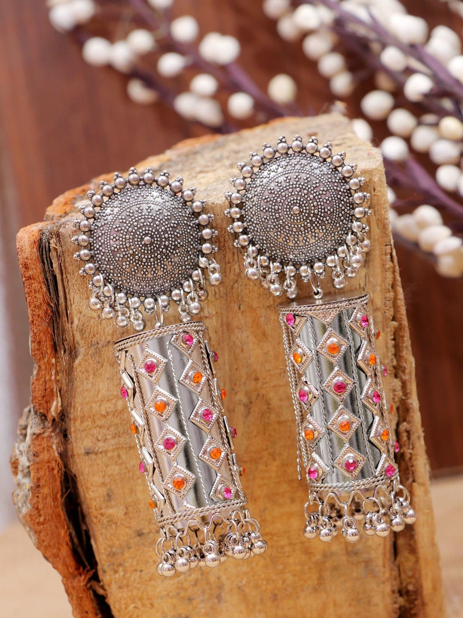 Effervescent Oxidised Silver Earrings - Long, Multi-colored Beads for Girls