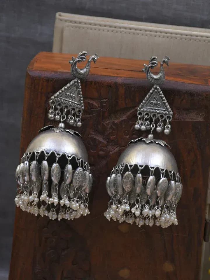 Oxidised Big Pakistani Jhumka Earrings, Silver Indian Ethnic Jewelry, Trendy Design