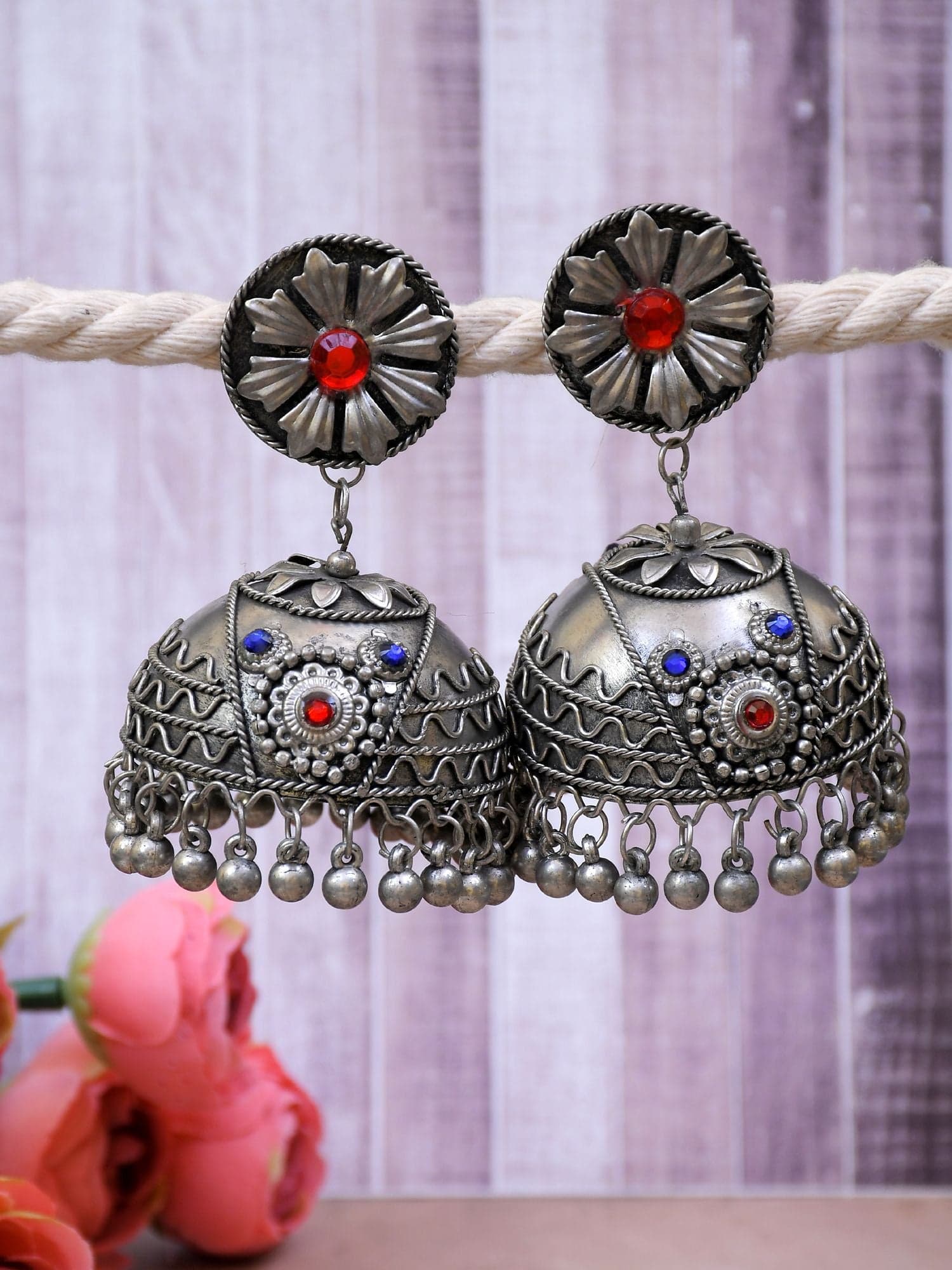 Oxidised Earrings Jhumka: Pakistani Long Traditionally Silver-Toned Jhumkas