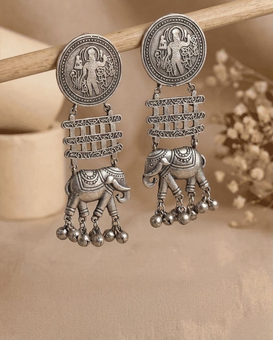 Oxidised Earrings with Charming Elephant Design in Silver Hue