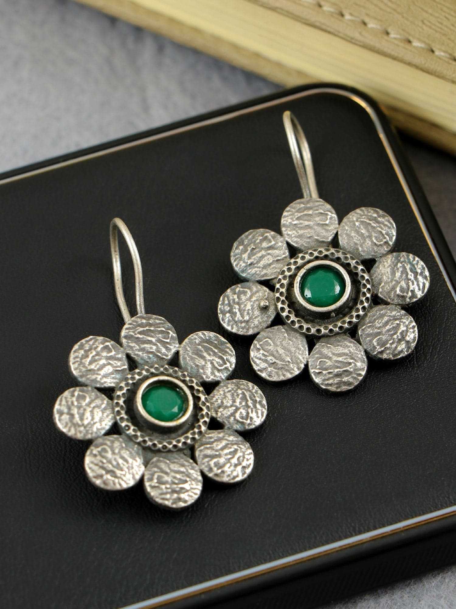 Floral Finesse: Oxidised Silver Earrings with Everyday Green Stone
