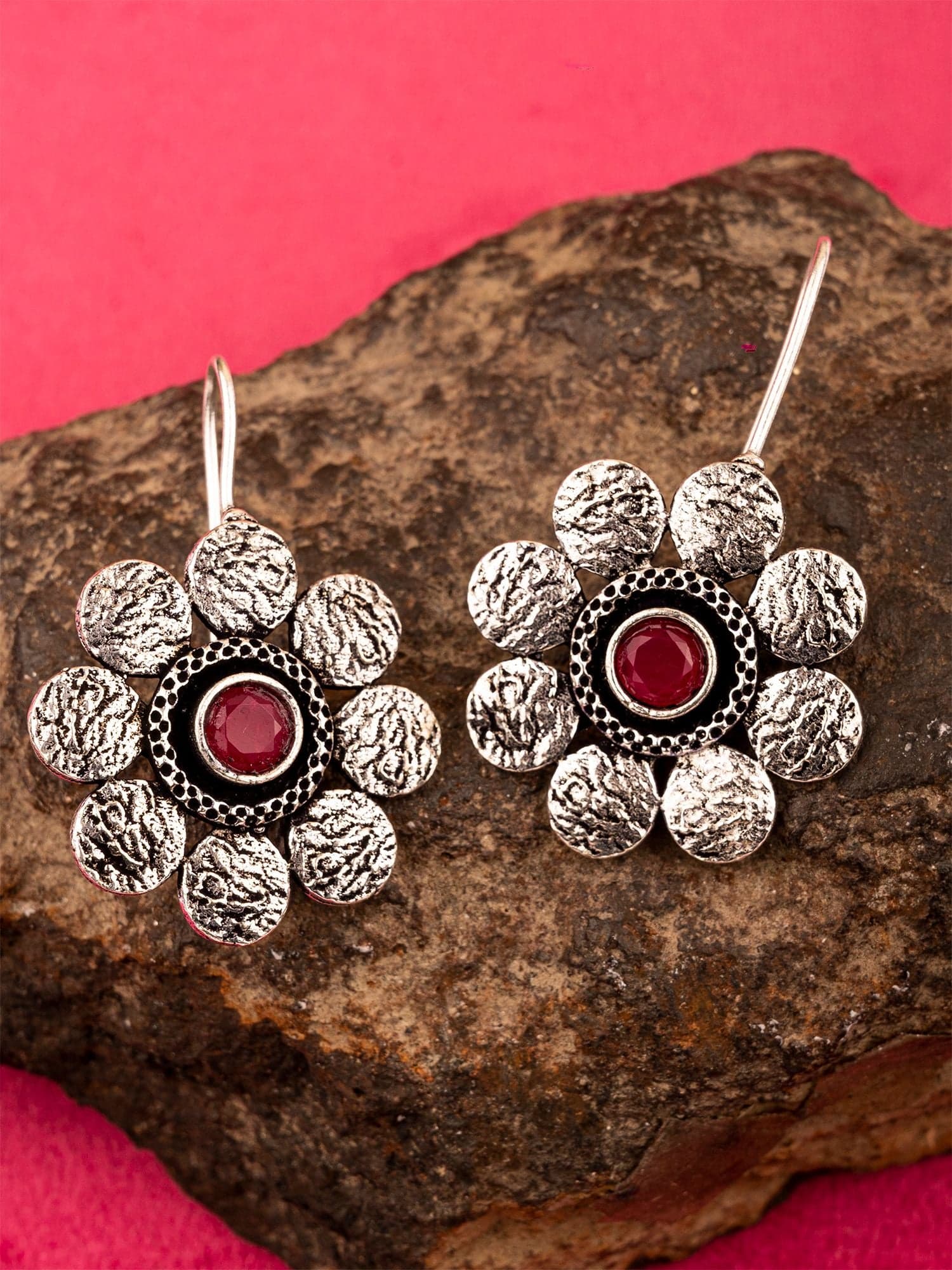 Blossoming Red Crystal: Oxidized Silver Earrings for Women & Girls