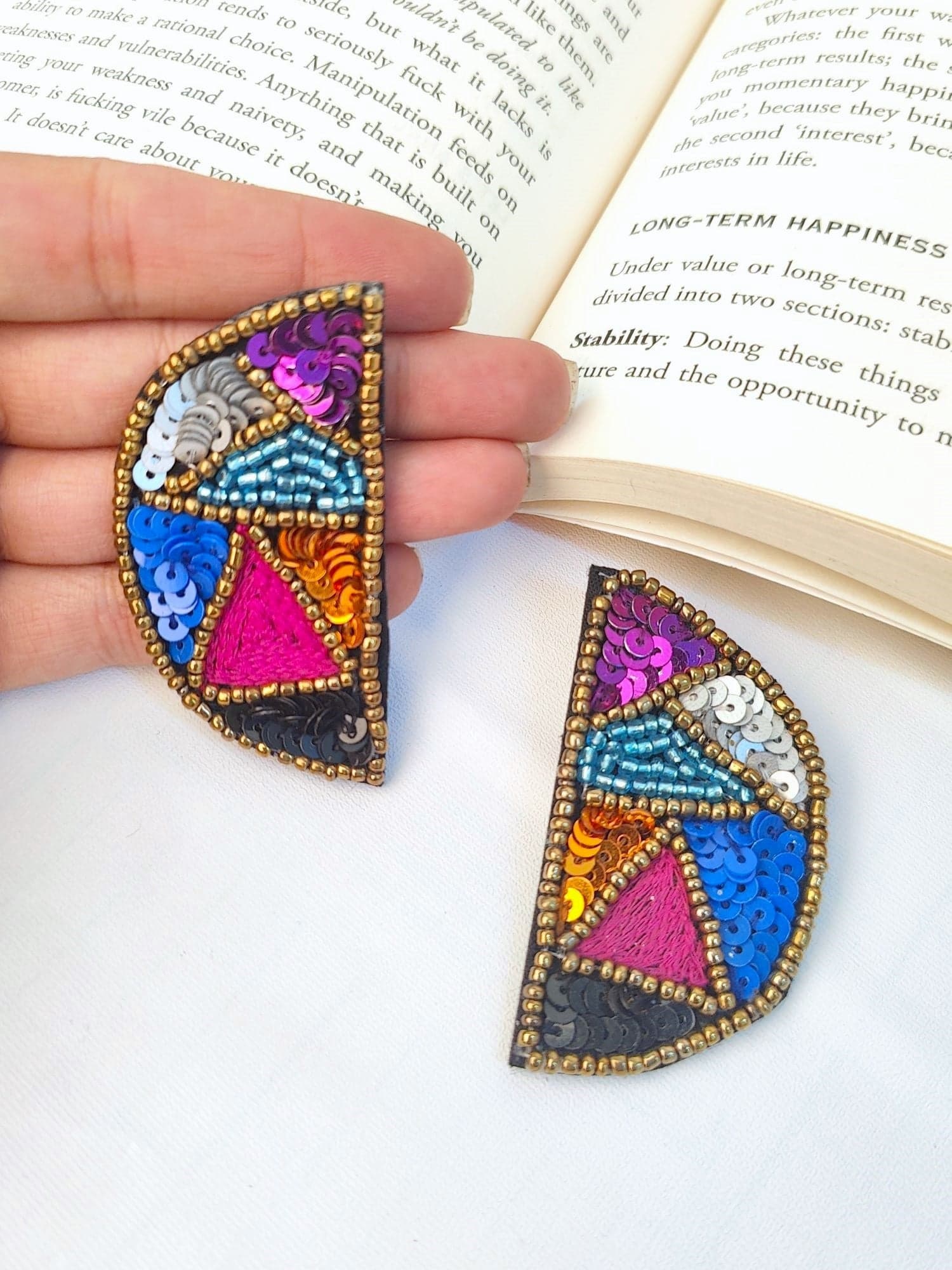 Multicolored Memento: Handcrafted Embroidered Earrings with Half-Cut Pearls