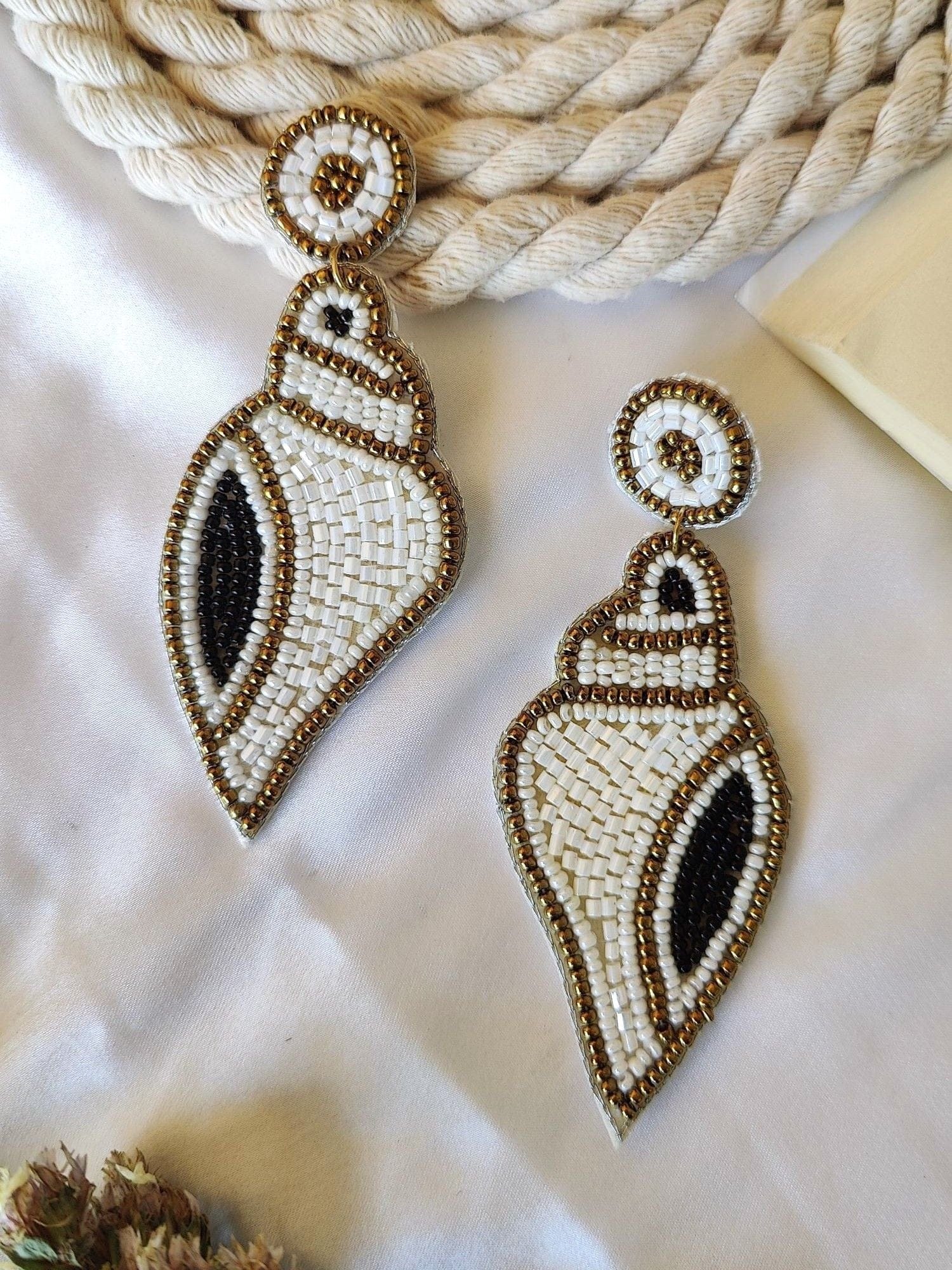 Artisan Shankh White Handmade Beaded Earrings for a Graceful Ensemble