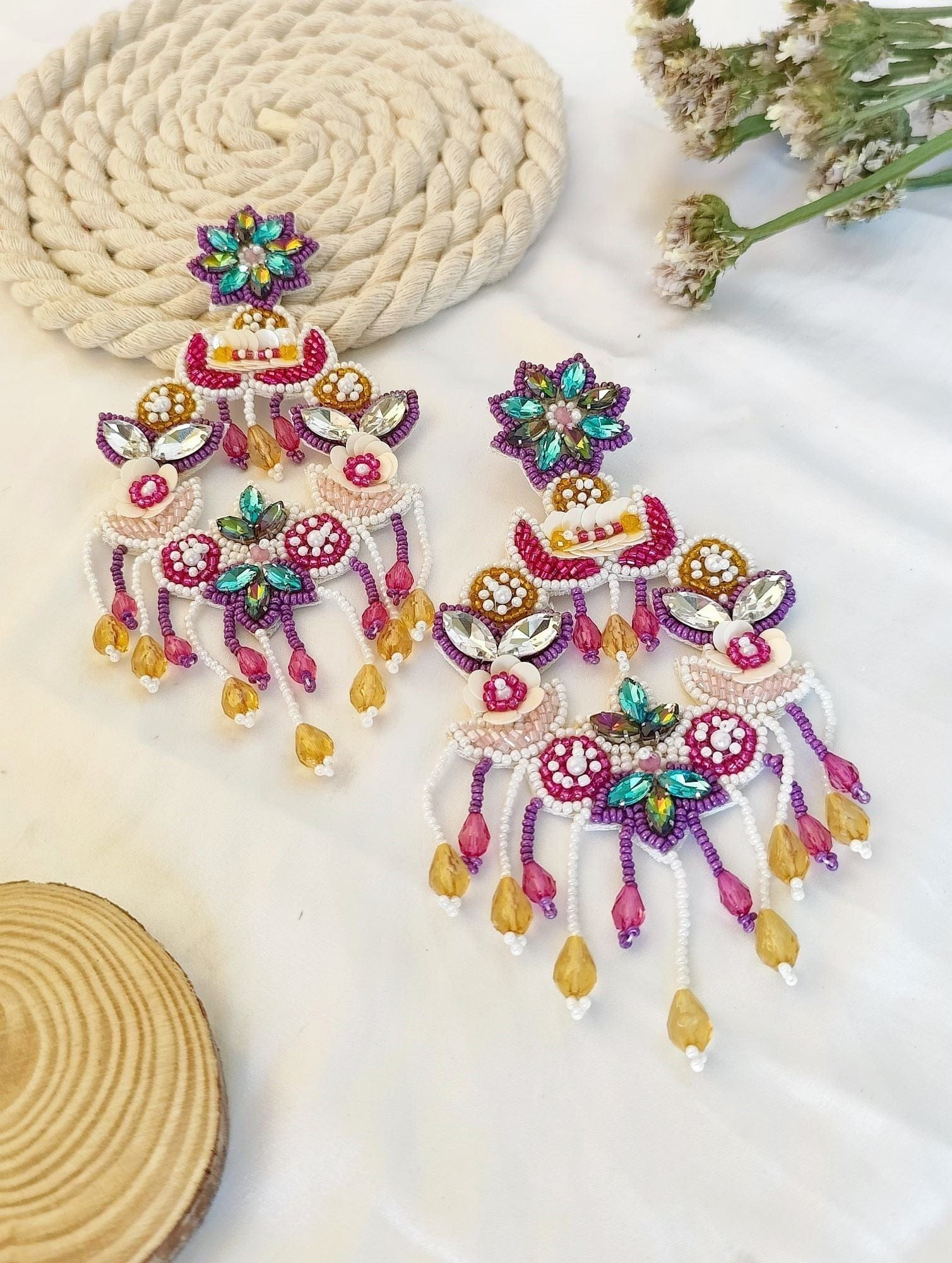Handcrafted Mohini & Purple Beaded Earrings with Long Dangle