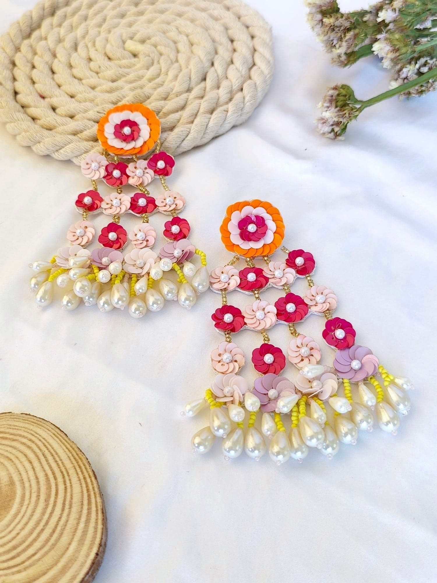 Pink Floral Handcrafted Earrings for Haldi, Mehndi and Wedding Parties