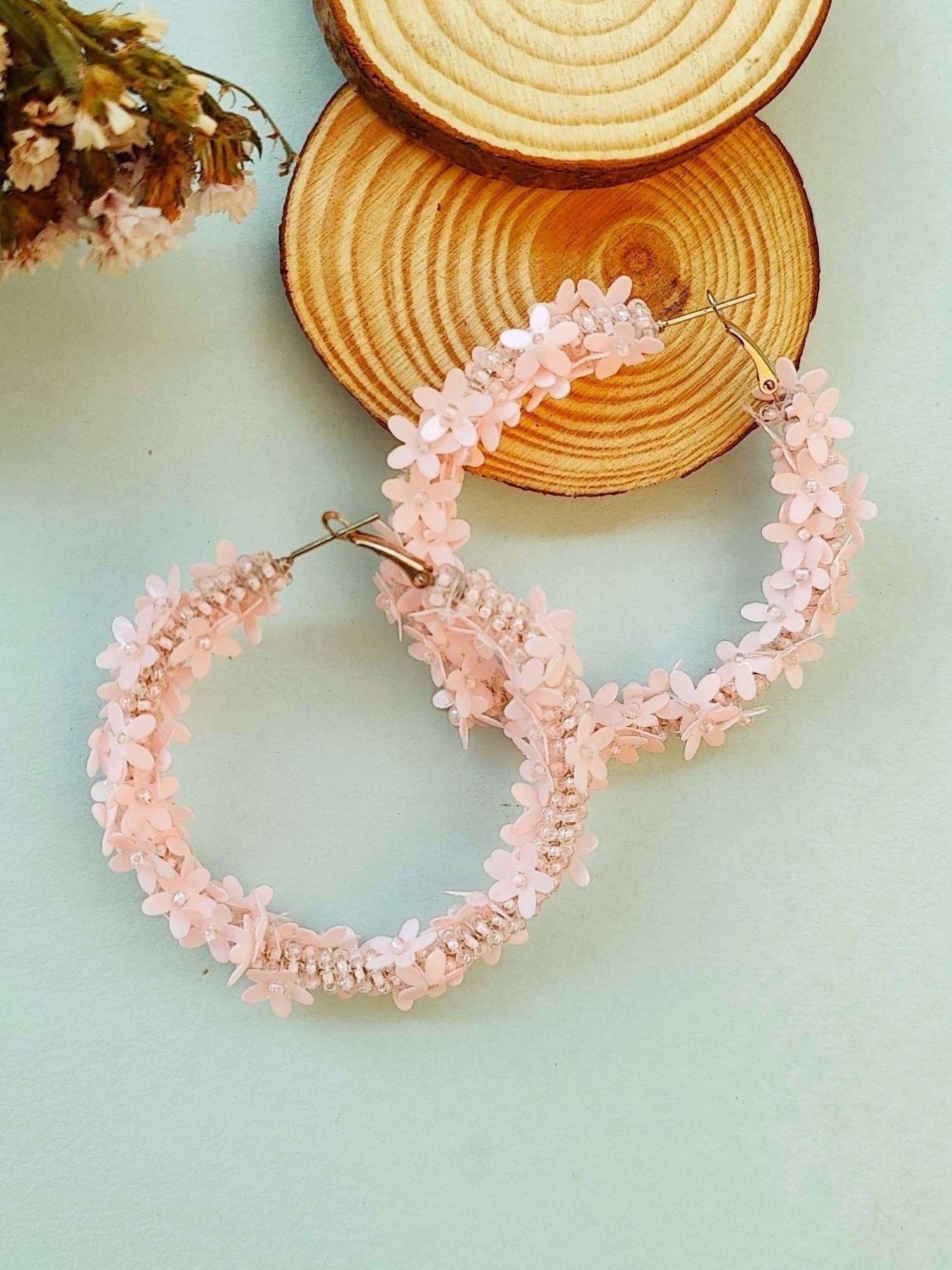 Handcrafted Quirky Cute Baby Pink Floral Bead Hoop Earrings for Women