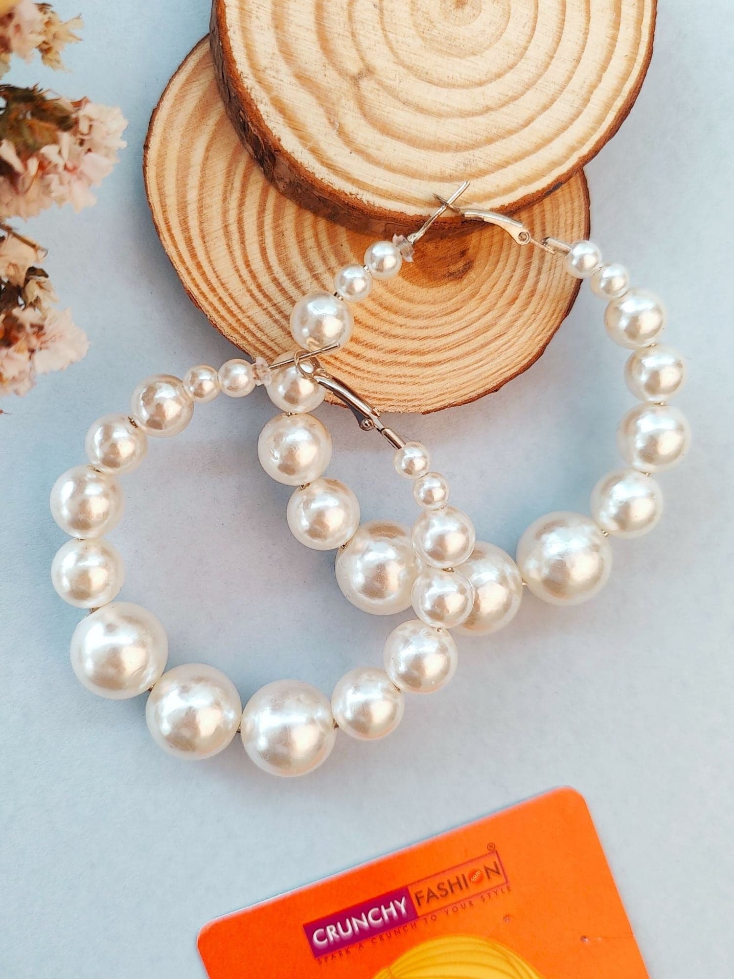 Chic Handcrafted Jumbo Pearl Hoop Earrings with White Stones