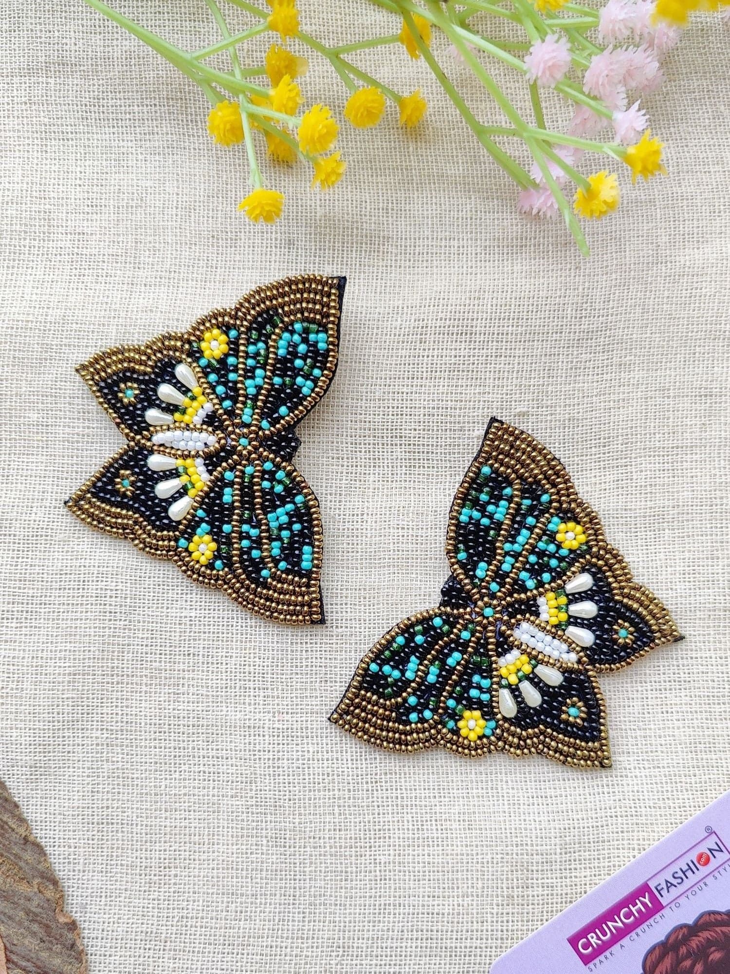 Black-Gold Beaded Butterfly Danglers—Handcrafted Earrings for Quirky Summer Parties
