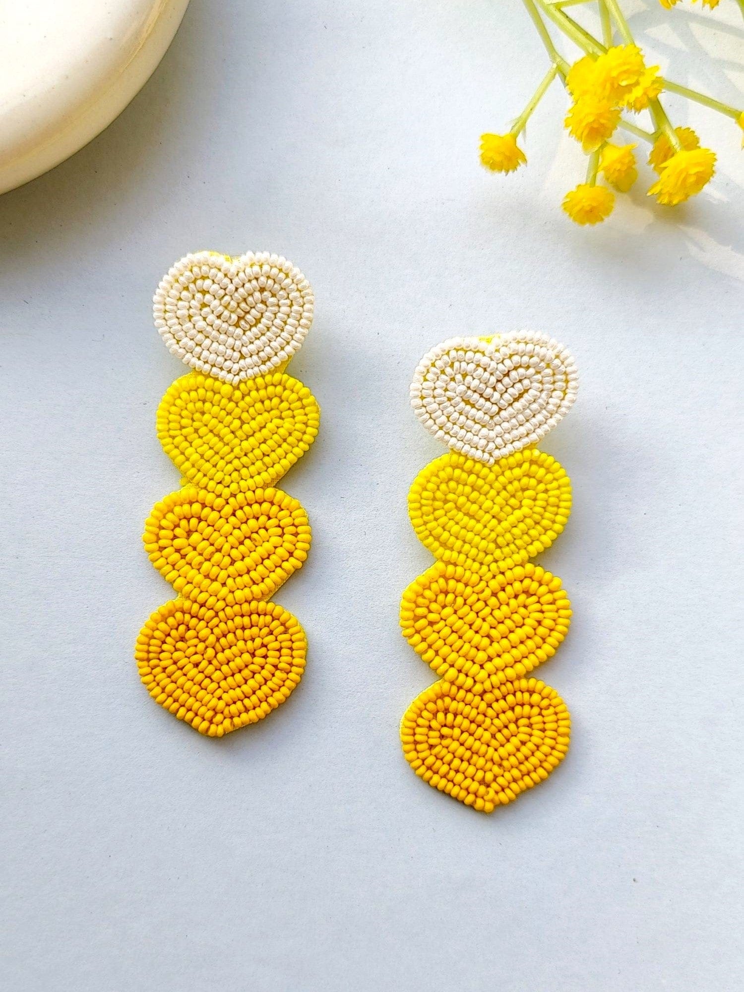Boho Heartful Radiance - Handmade Yellow-Orange Beaded Earrings