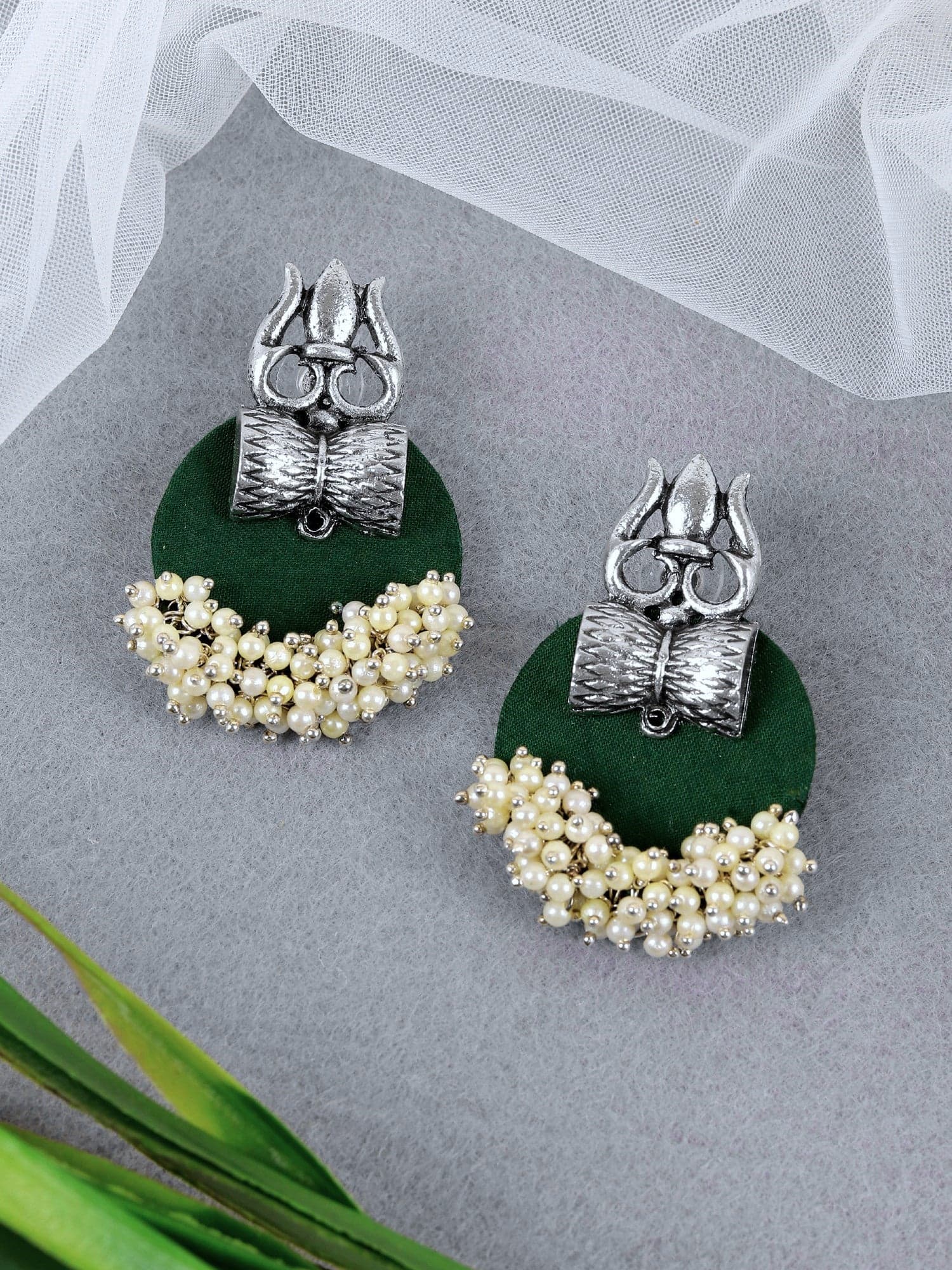 Handmade Pearl Trishul Earrings in Oxidised Silver Effect