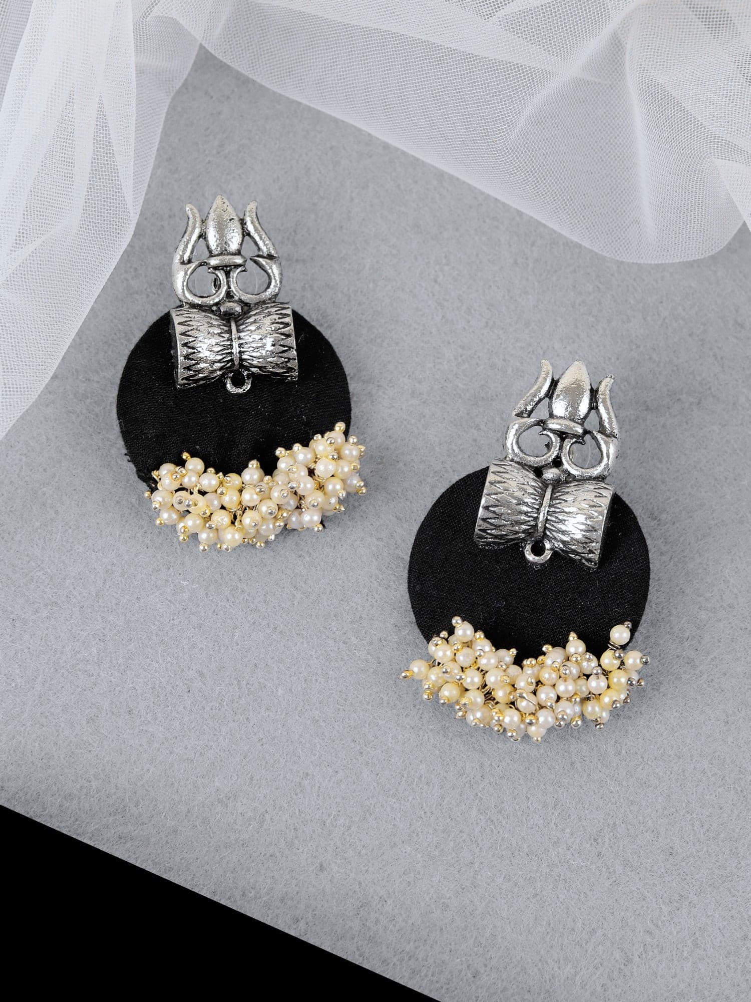 Oxidised Silver Mogra Flower Pearl Earrings – Handcrafted Designer Jewelry