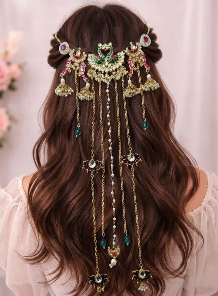 Radiant Red Lotus, Peacock Meenakari Hair Accessory - Handmade for Weddings & Open Hair