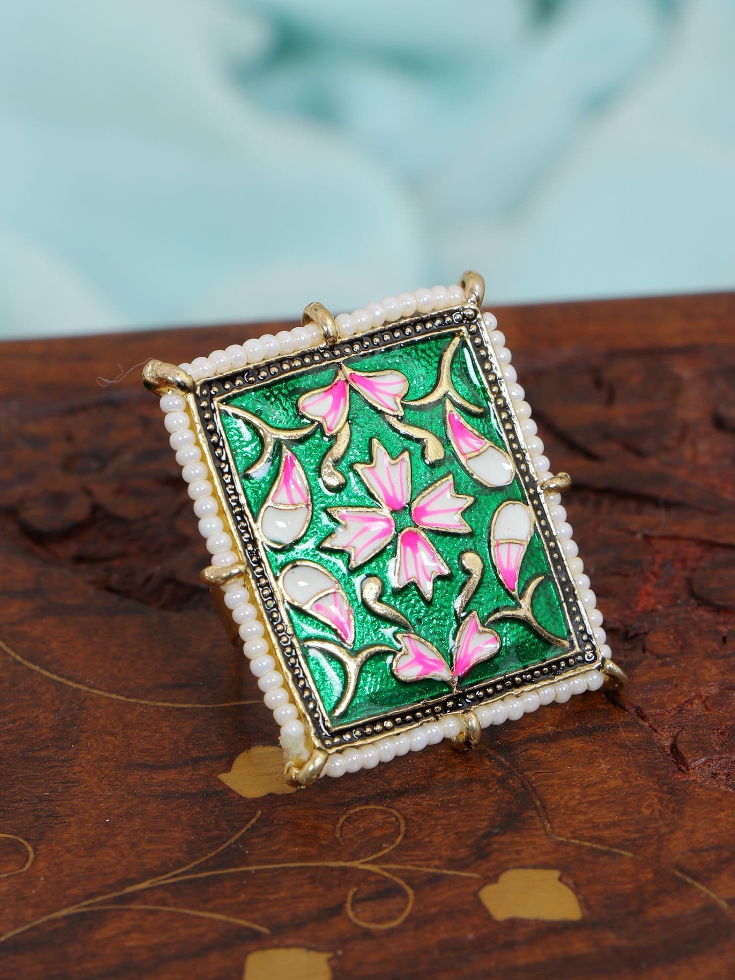 Floral Dream: Gold Plated Green Meenakari Party Rings for Women