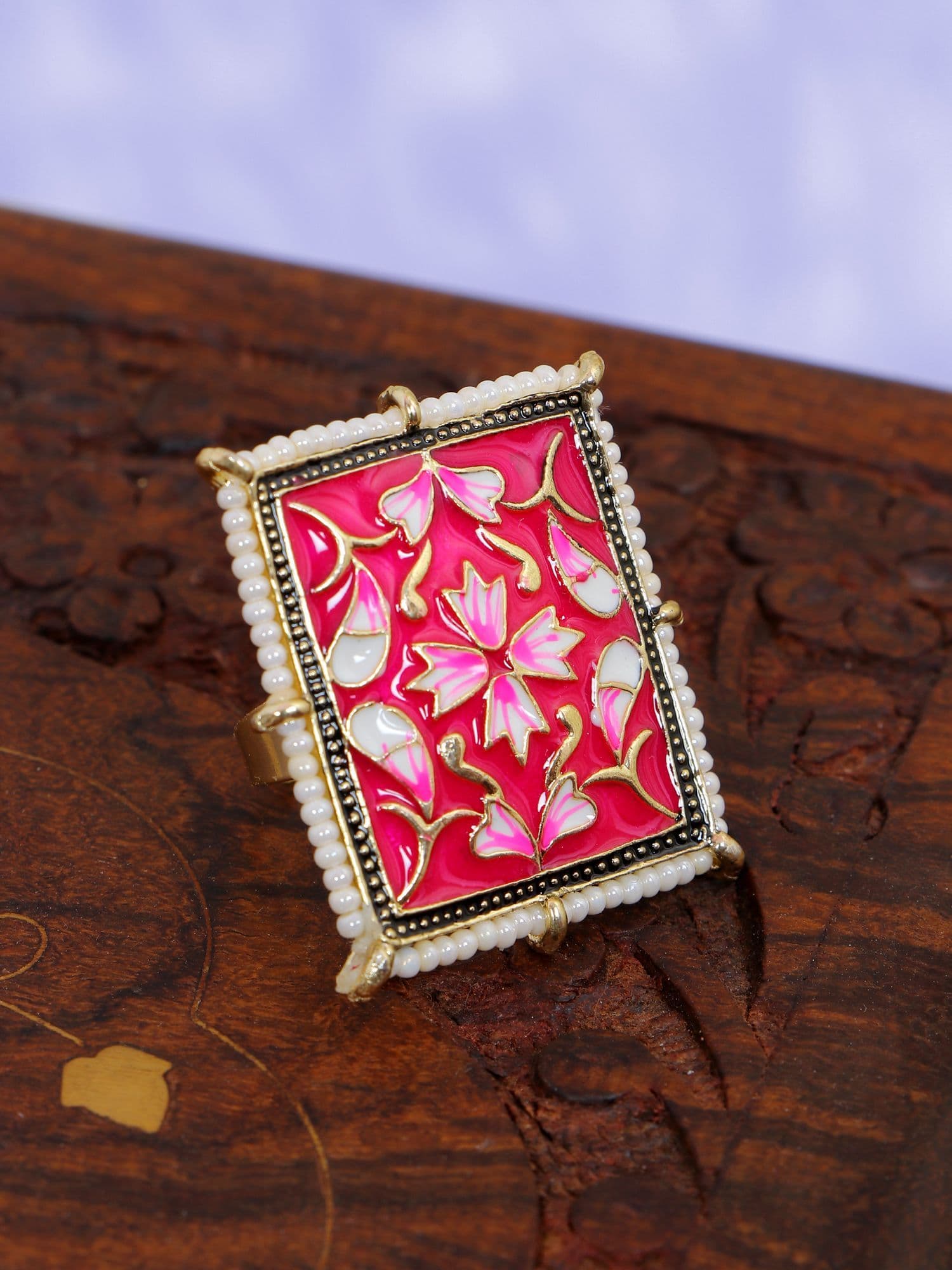 Uniquely Chic Pink Meenakari Party Wear Rings, Gold Plated for Fashionistas