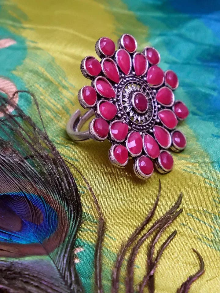 Iridescent Pink Crystal Oxidized Silver Ring – Boho Fashion Jewelry for Women, Charm Gift