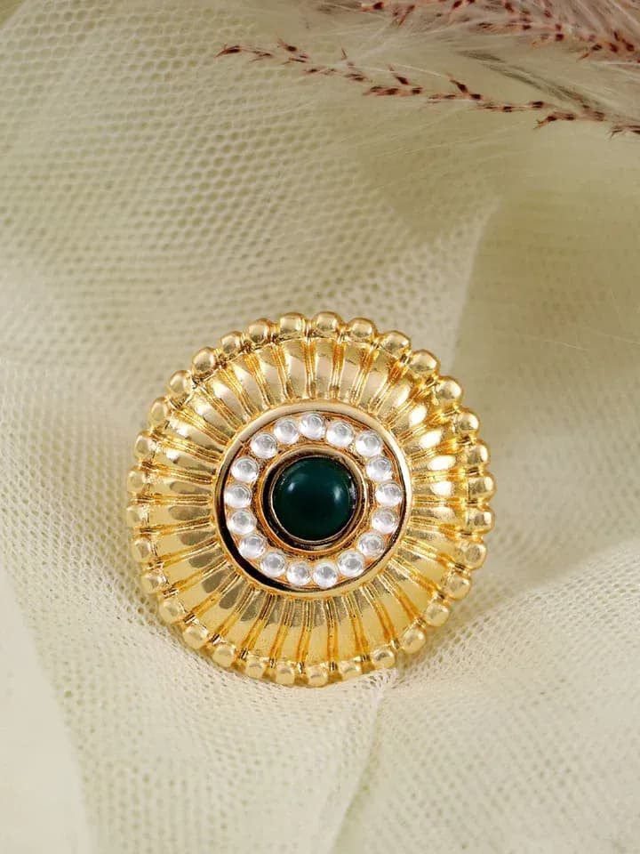 Green Crystal Elegance - Gold Plated Party Wear Rings with Floral Design