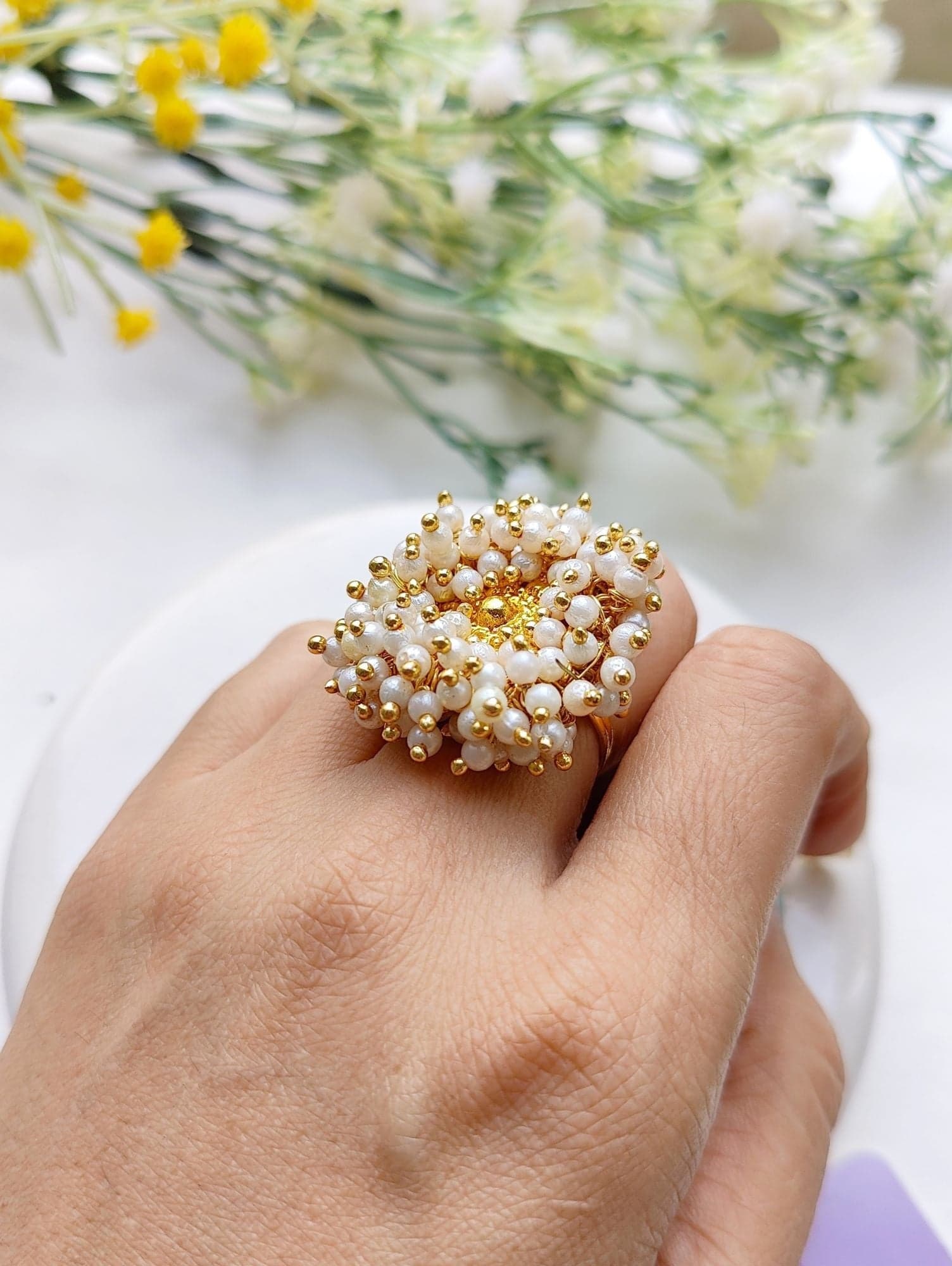 Gleaming Pearl Fiesta - Adjustable Ring for Party Glitz