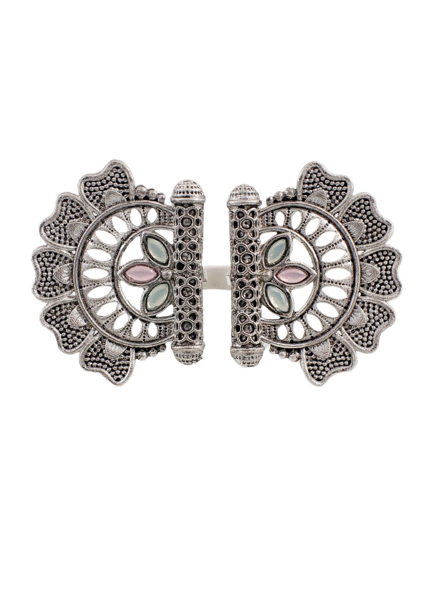 Pink-Mint Green Statement Oxidized Silver Adjustable Open Ring