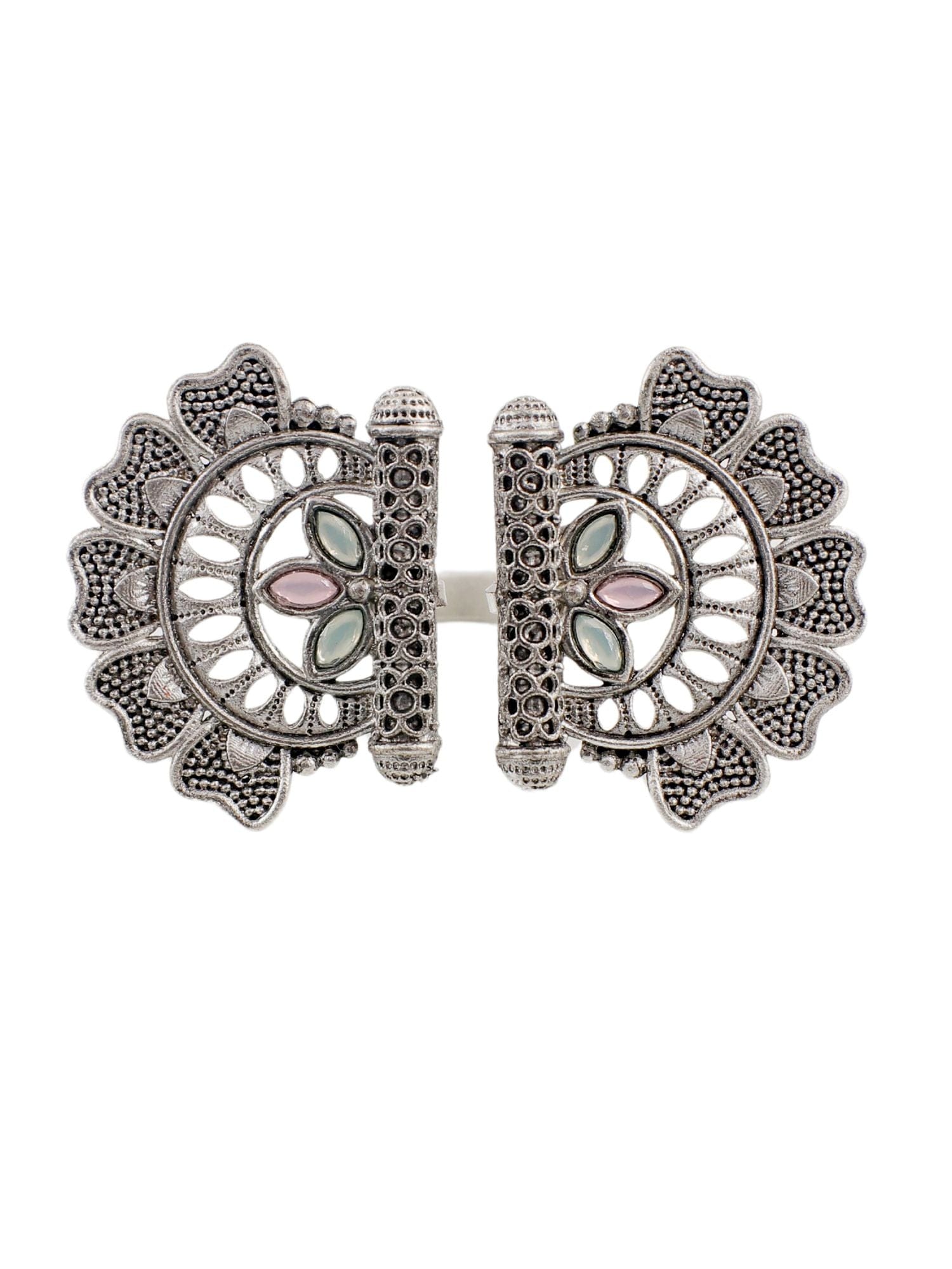 Pink-Mint Green Statement Oxidized Silver Adjustable Open Ring