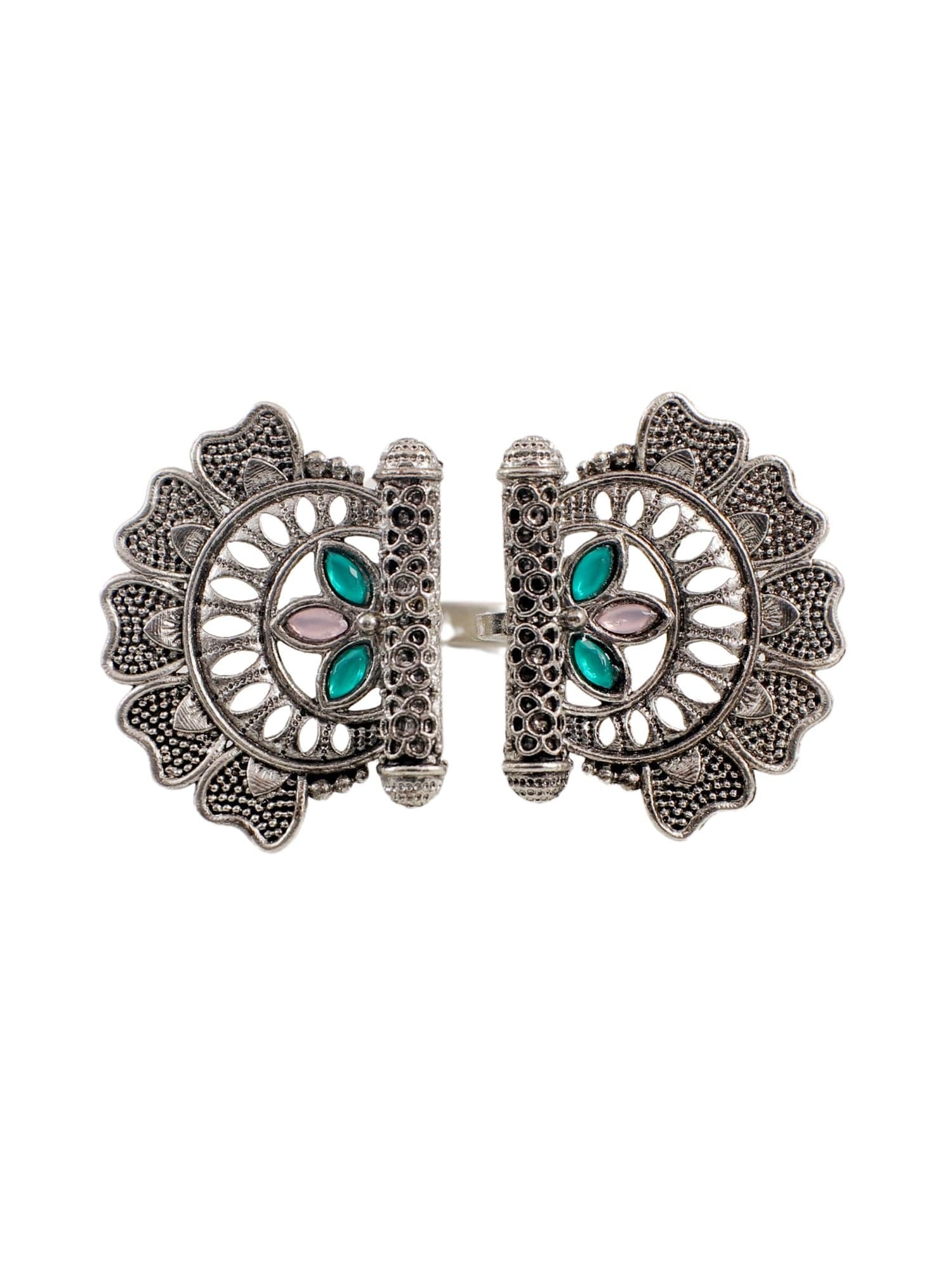 Pink-Green Oxidized Silver Statement Ring for Women - Indian Fashion Jewelry, Trendy Middle-Open Design