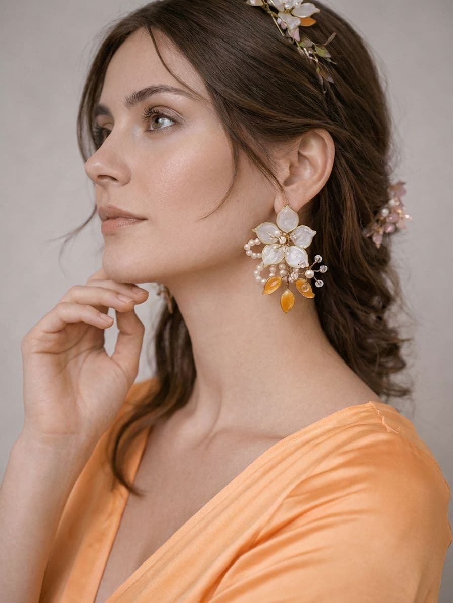 Blossom Glisten White-Gold Floral Earrings for Haldi | Resin Art Jewelry Masterpiece