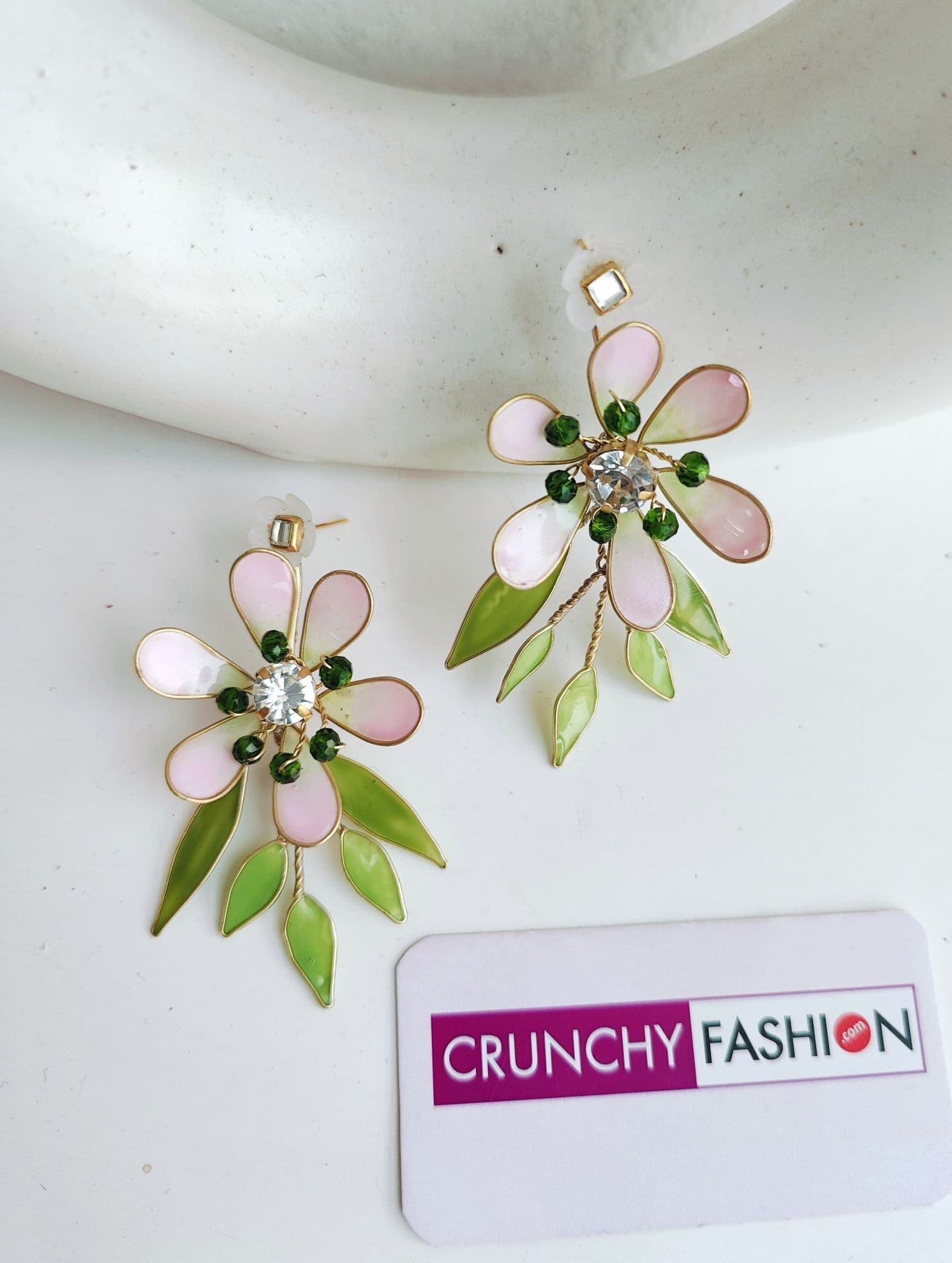 Green-Pink Blossom: Resin Flower Earrings for Haldi Carnival Extravaganza