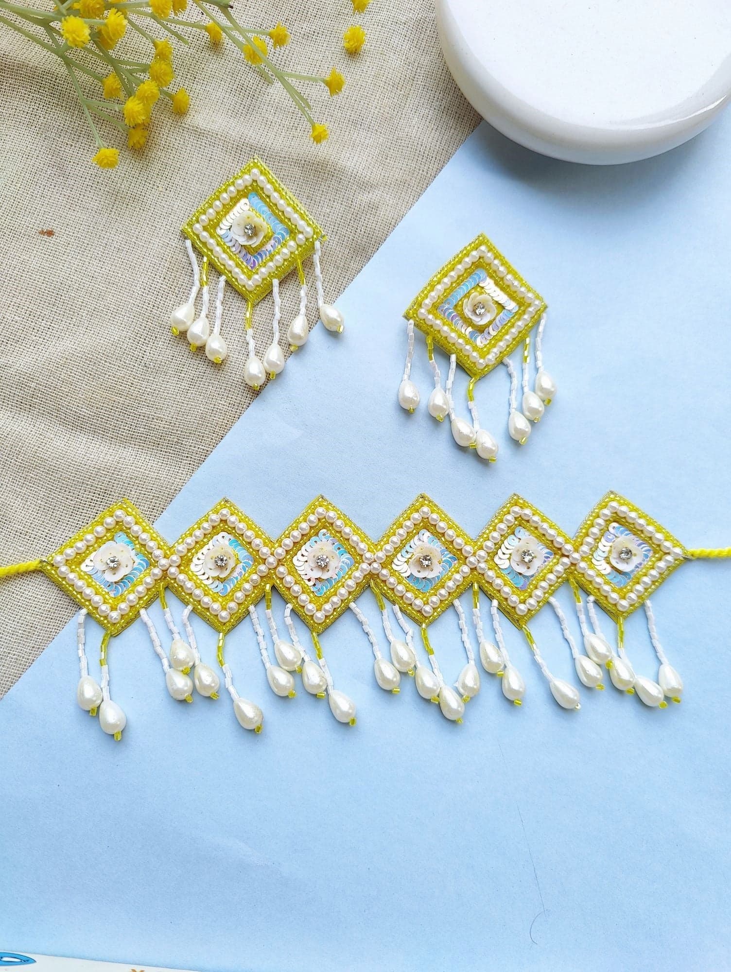 Handcrafted Radiant Yellow Beaded Jewelry Set for Haldi, Mehndi | Festive Jewelry Gift