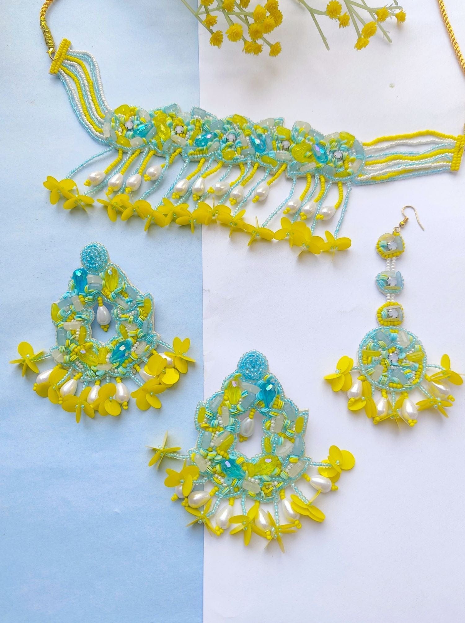 Handcrafted Sky-Blue, Yellow Floral Beaded Jewelry Set for Haldi Functions & Festive Wear