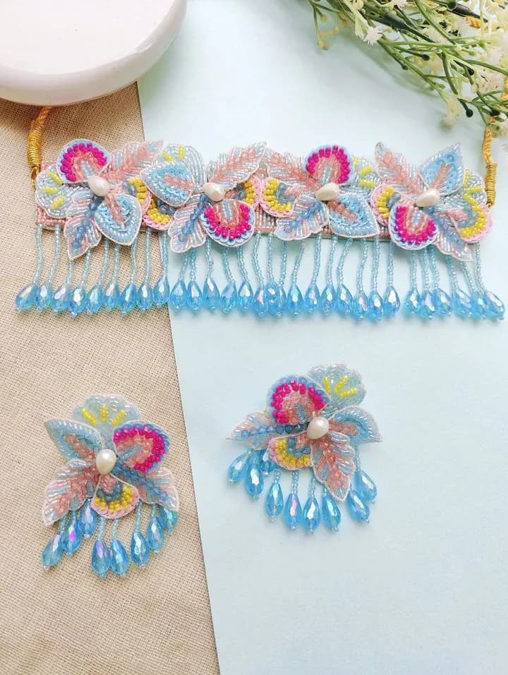 Baby Pink-Sky Blue Floral Haldi-Mehndi Handmade Bridal Jewellery Set