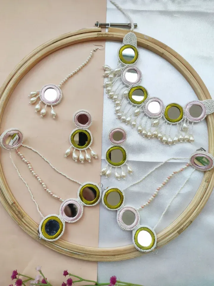 Handcrafted Baby Pink-Green Mirror Necklace for Haldi Celebrations