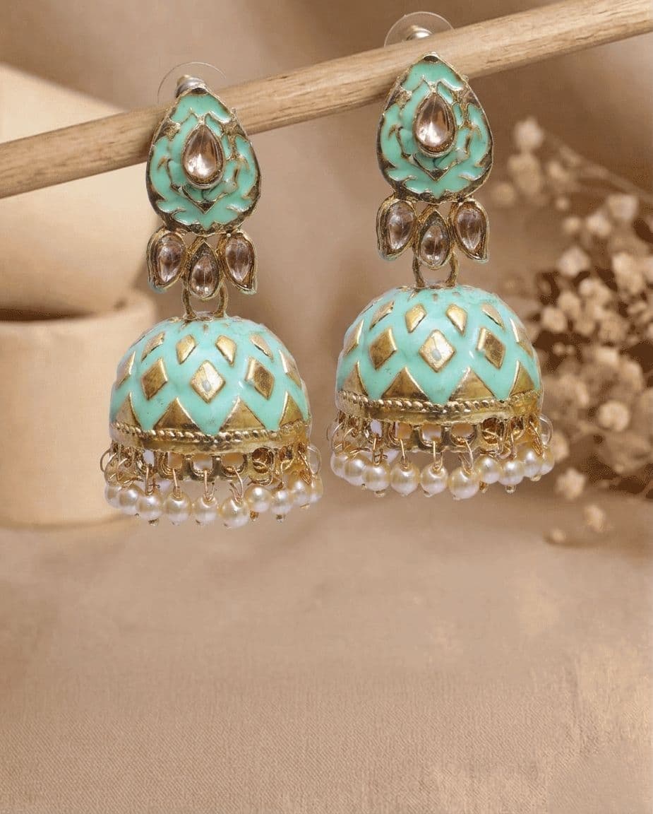 Golden Enchantment Green Meenakari Jhumki Earrings – Traditional Style for Modern Women