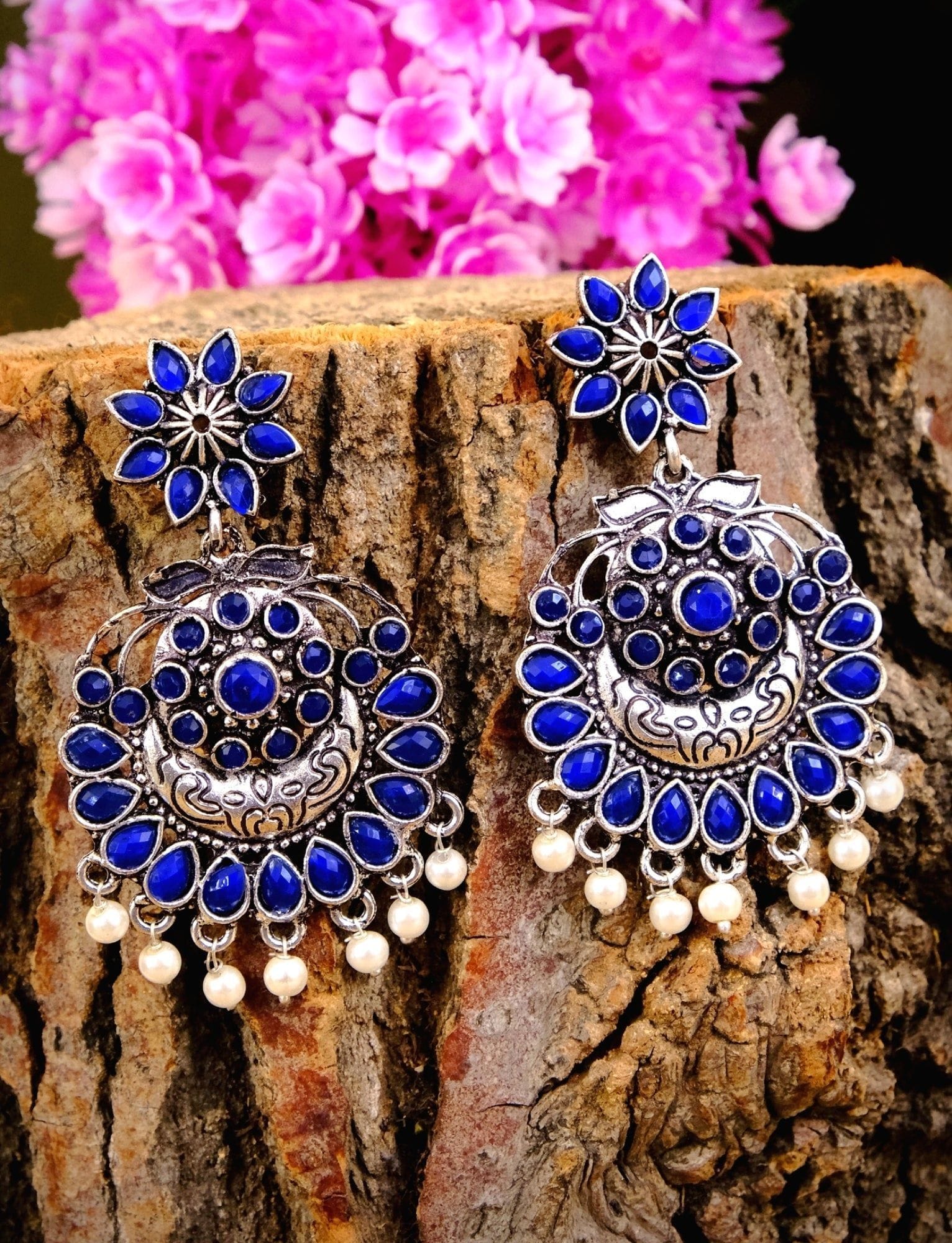 Graceful Gold Chandbali Earrings: Perfect Jewellery for Blue Silk Saree