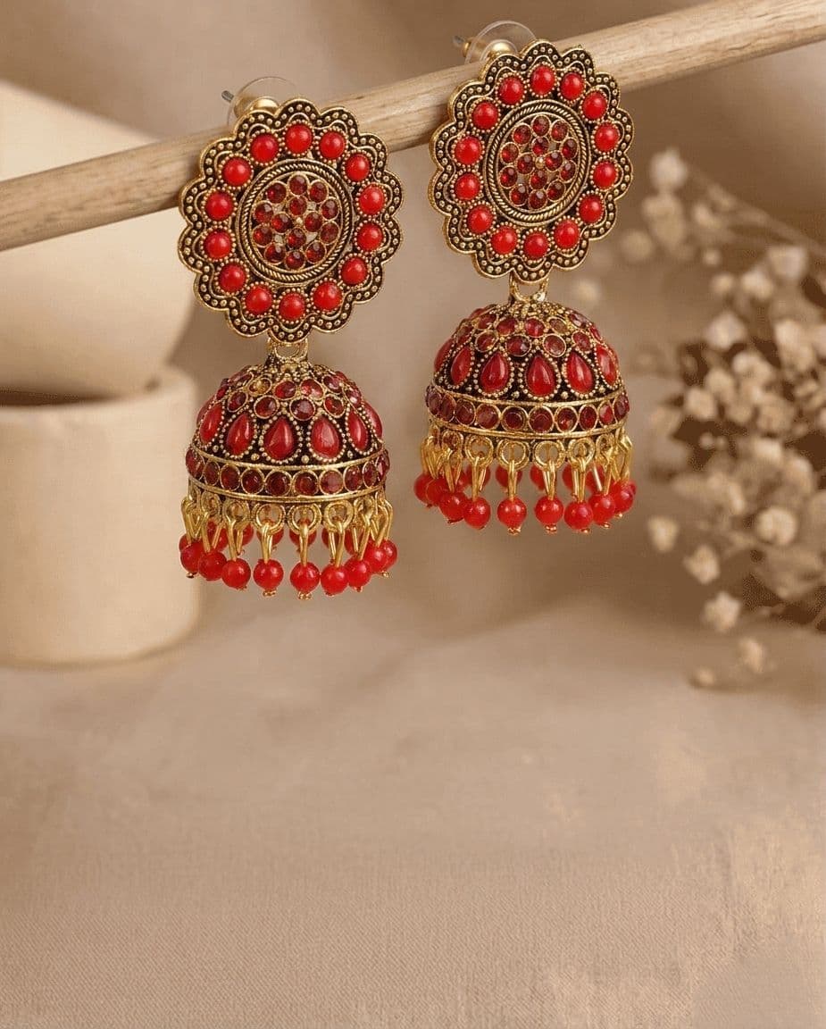 Antique Red Jhumka Earrings for Saree: Traditional Jewelry for Indian Women’s Style