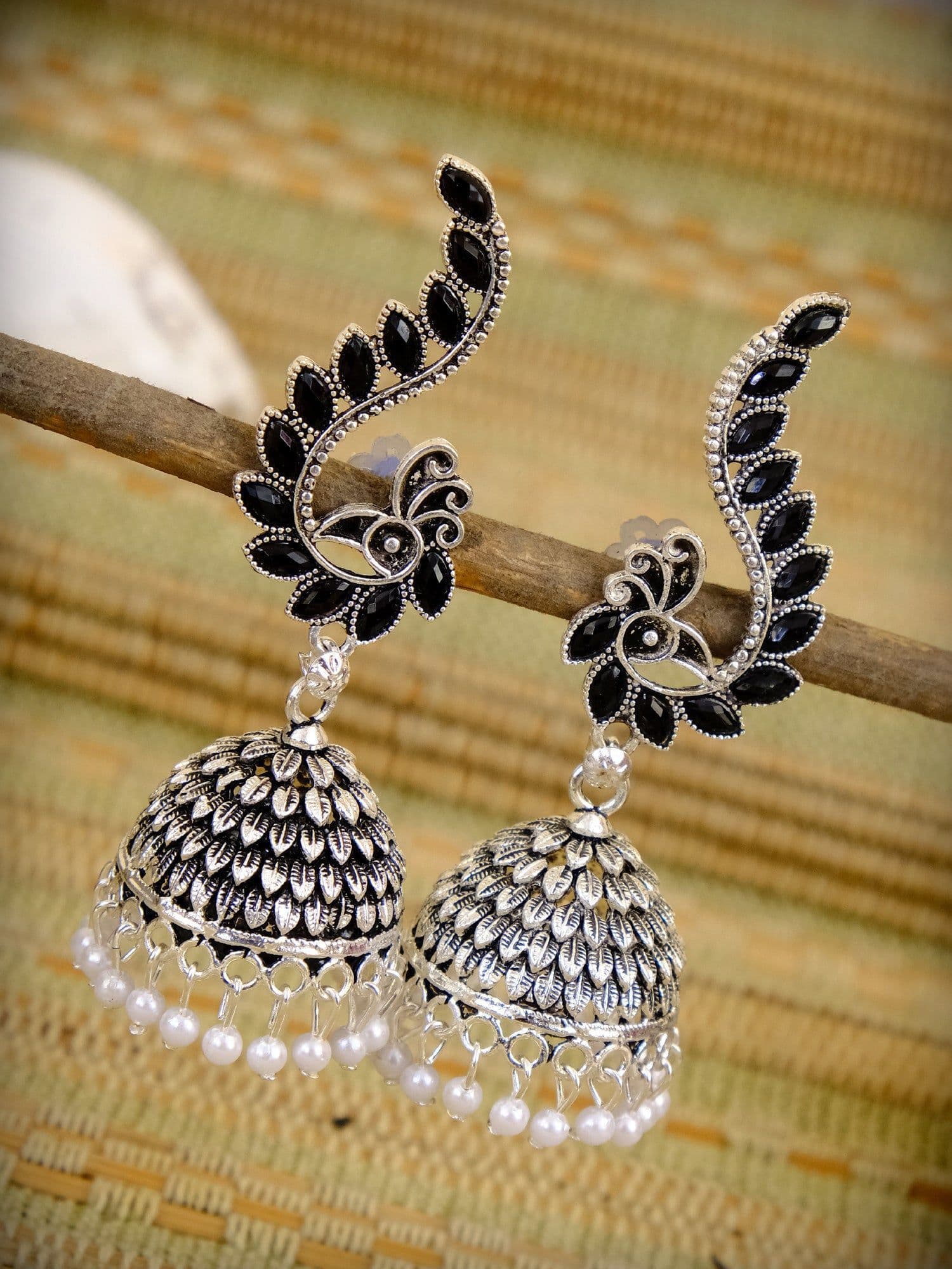 Lakshmi Enchantment: German Silver Oxidized Jhumka Earrings