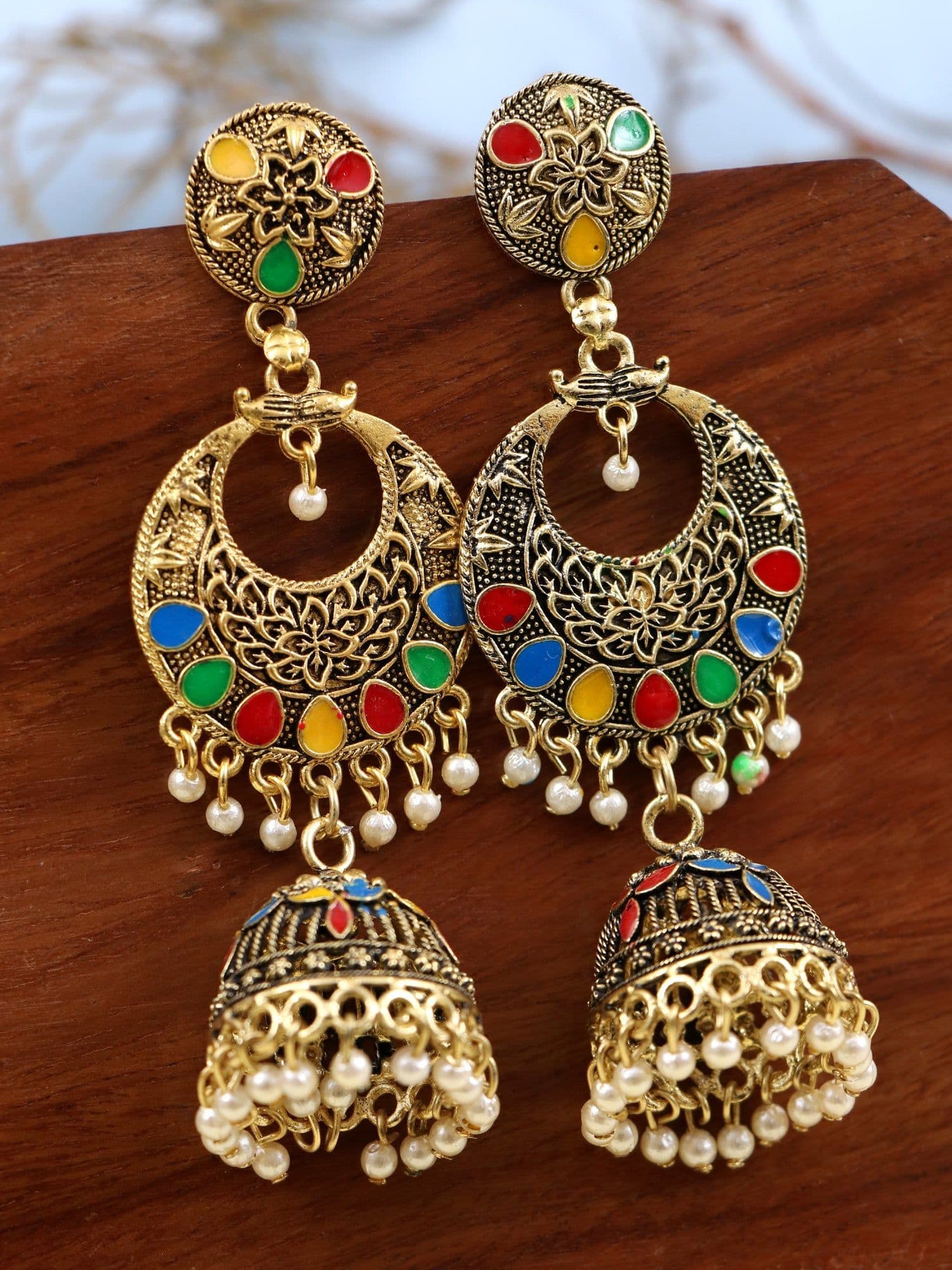Gold-Plated Bridal Jhumka Earrings: Multi-Colour & Antique Design