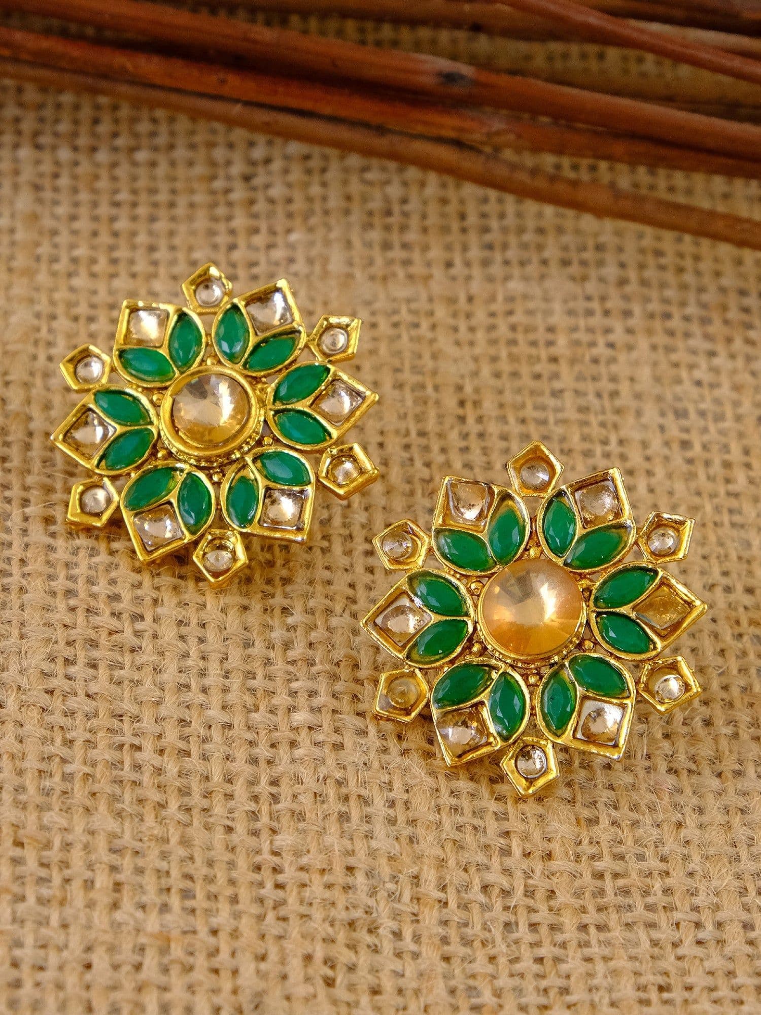 Blossom Radiance: Gold-Plated Stud Earrings & Green Jewellery Set for Women