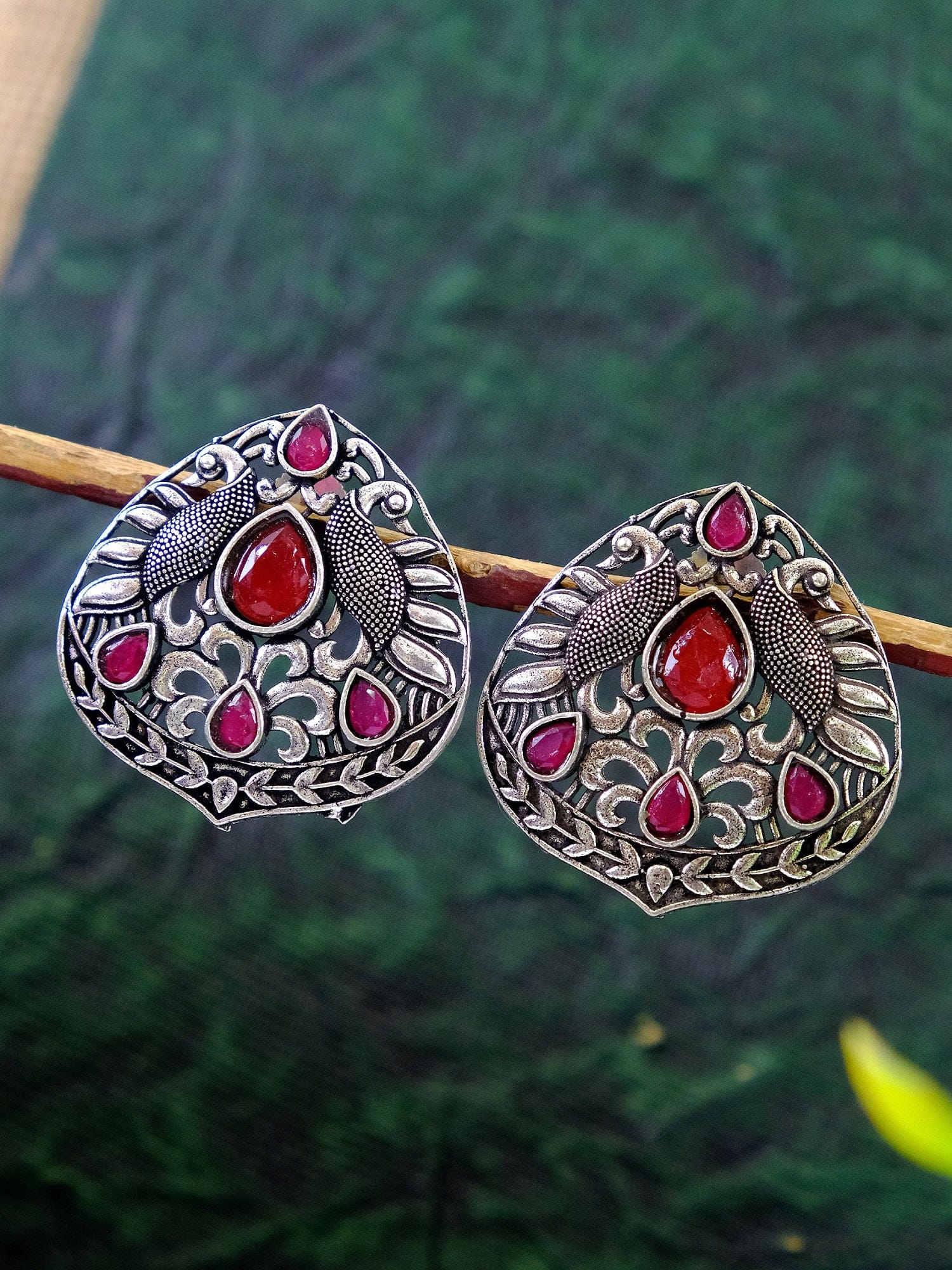 Oxidised Beauties - Silver Red Stud Earrings For Women