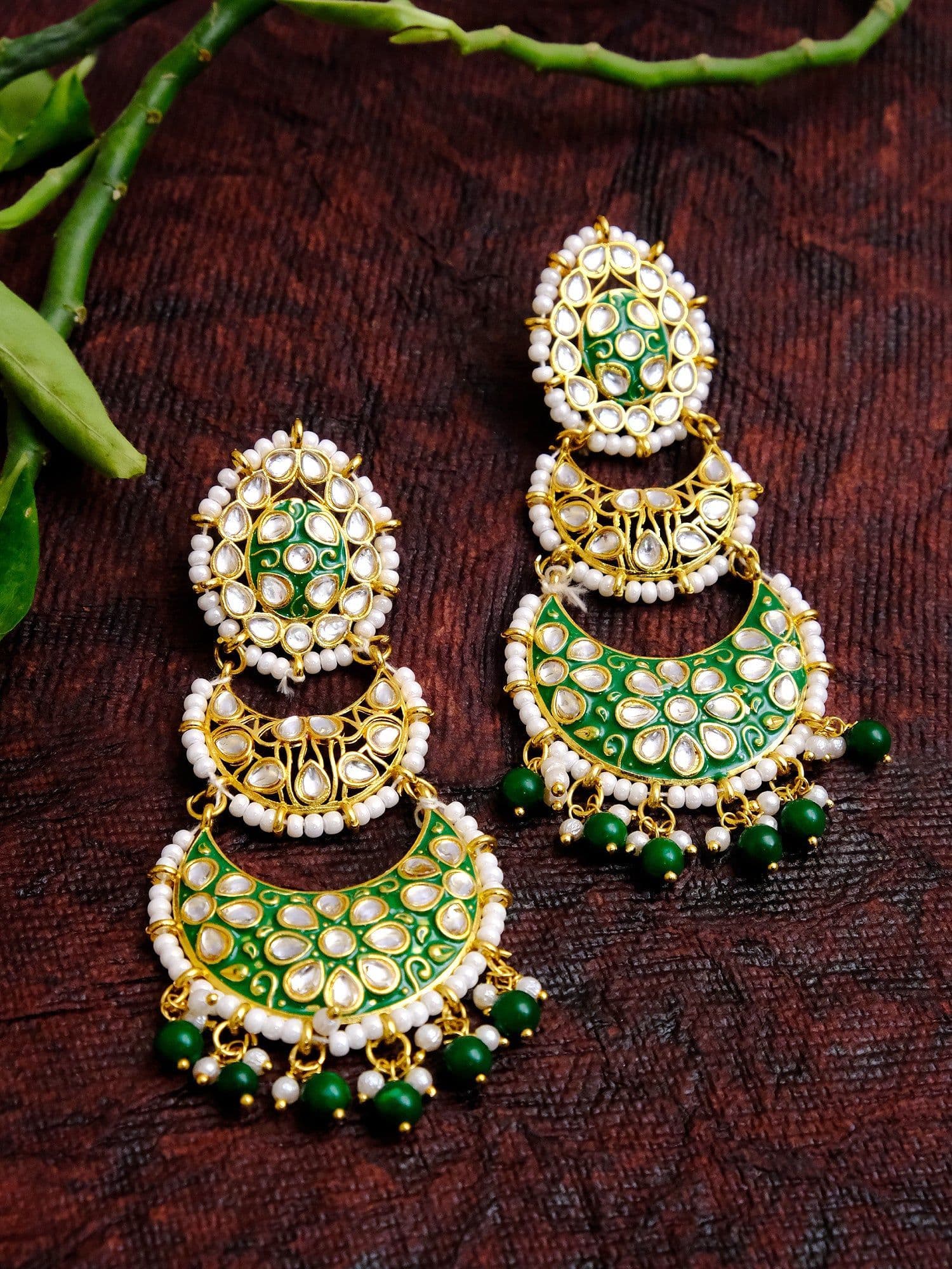 Express Your Elegance with Green Kundan Dangle & Meenakari Earrings
