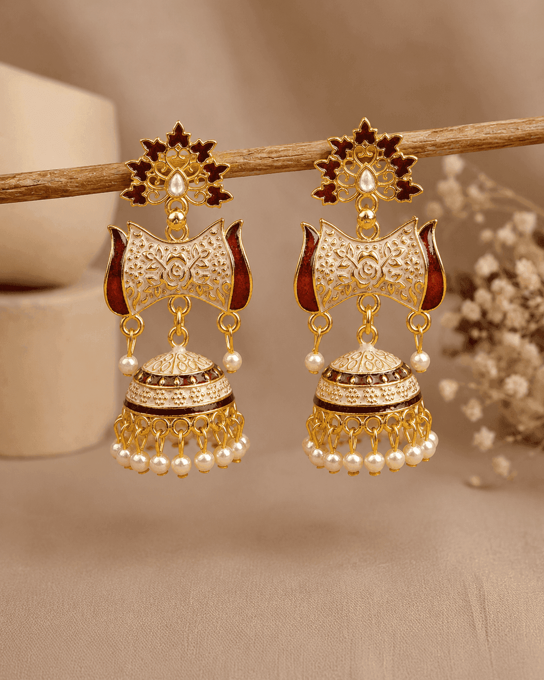 Maroon Magic - Jhumki Gold Meenakari Earrings for Fashionistas