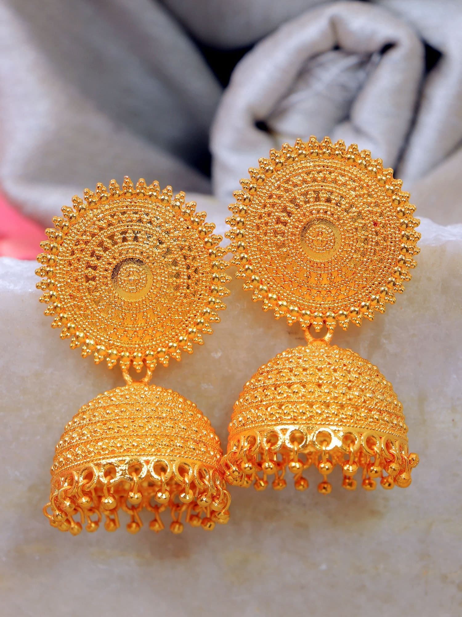 Dazzling Orange Radiance: Round-Shaped Jhumka Earrings for Chic Women