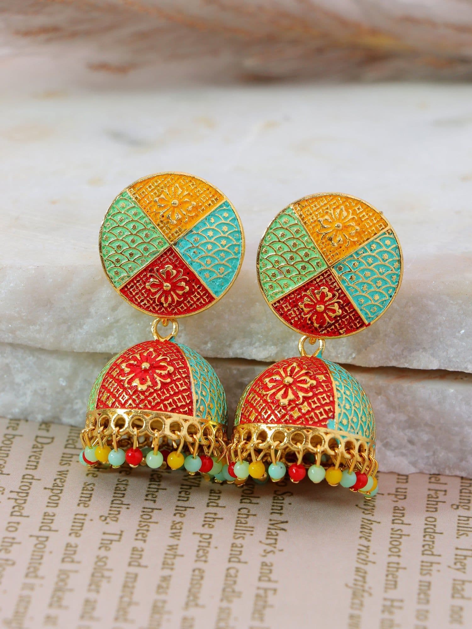 Exquisite Enamel Jhumka Earrings in Green and Pink