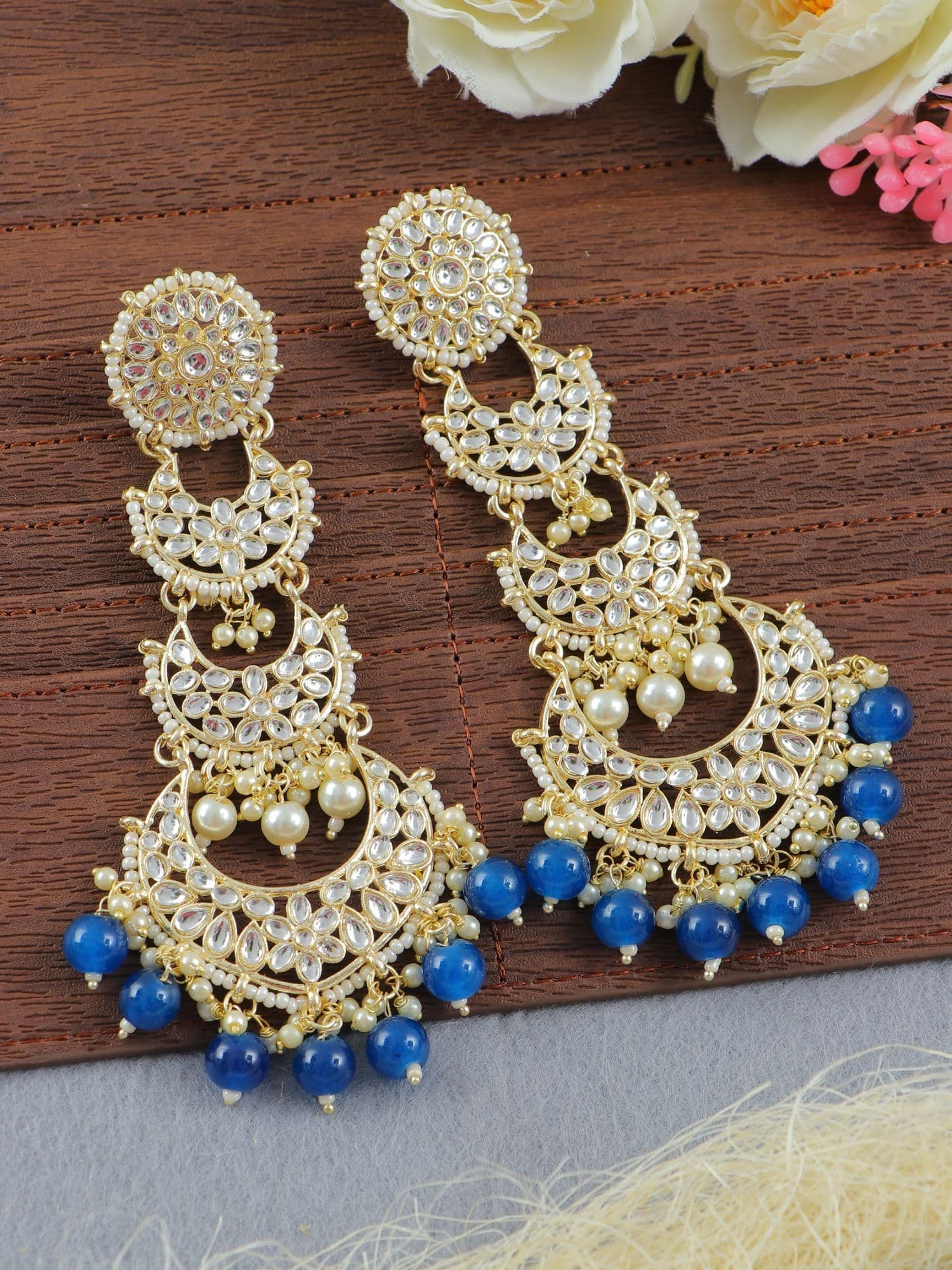 Blue Pearls Party Chic Danglers for Women, Festive Kundan Crystal Chandbali Earrings