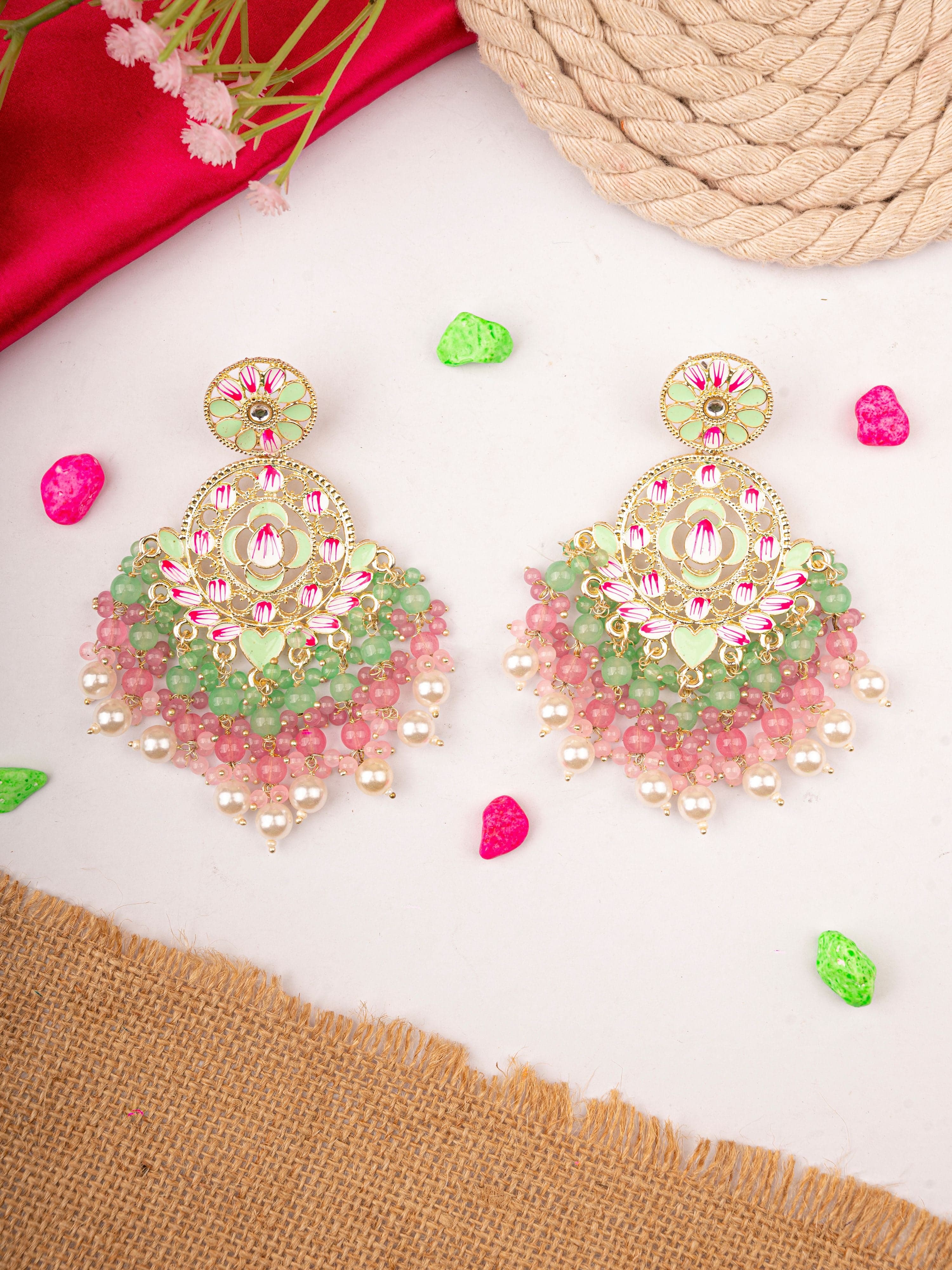 Gold Plated Mint Green-Pink Chandbali Earrings with Pearls for Festival Party Wear