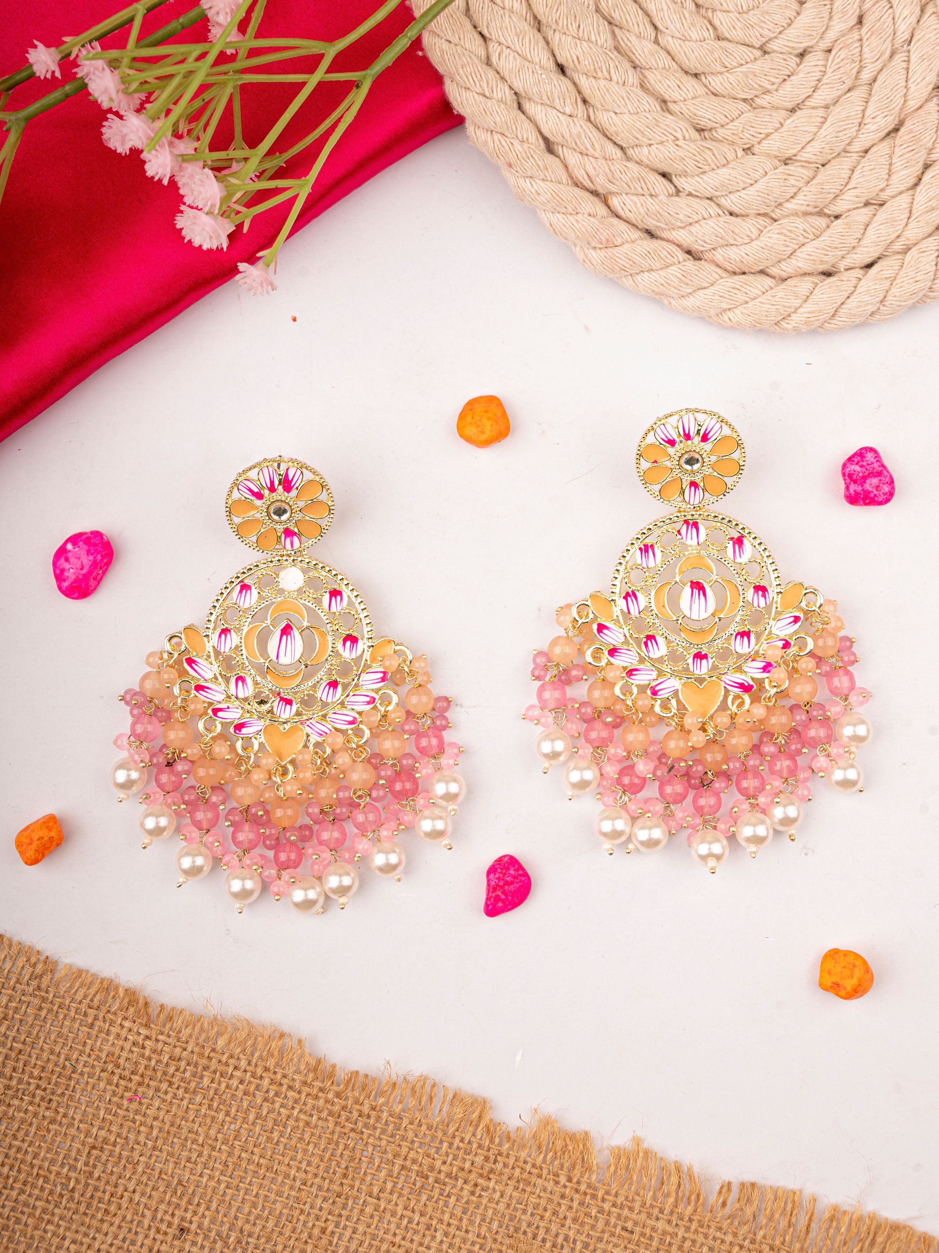 Peach Bliss Gold Plated Chandbali Earrings, Pearl Danglers for Indian Festival or Party