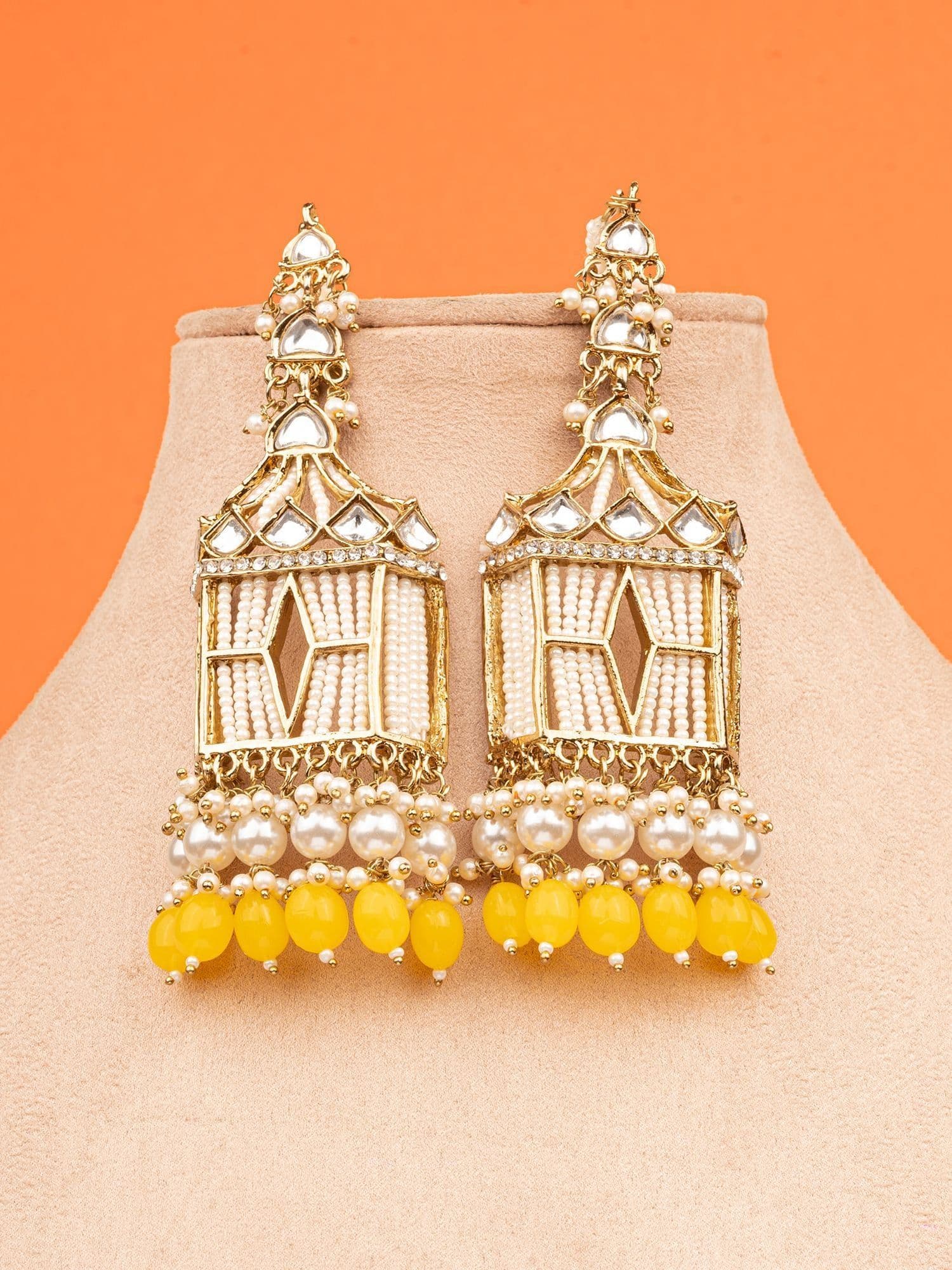 Kundan Yellow Jhumka Drop Earrings with Ear Chain, Ethnic Pearl Jewellery for Weddings