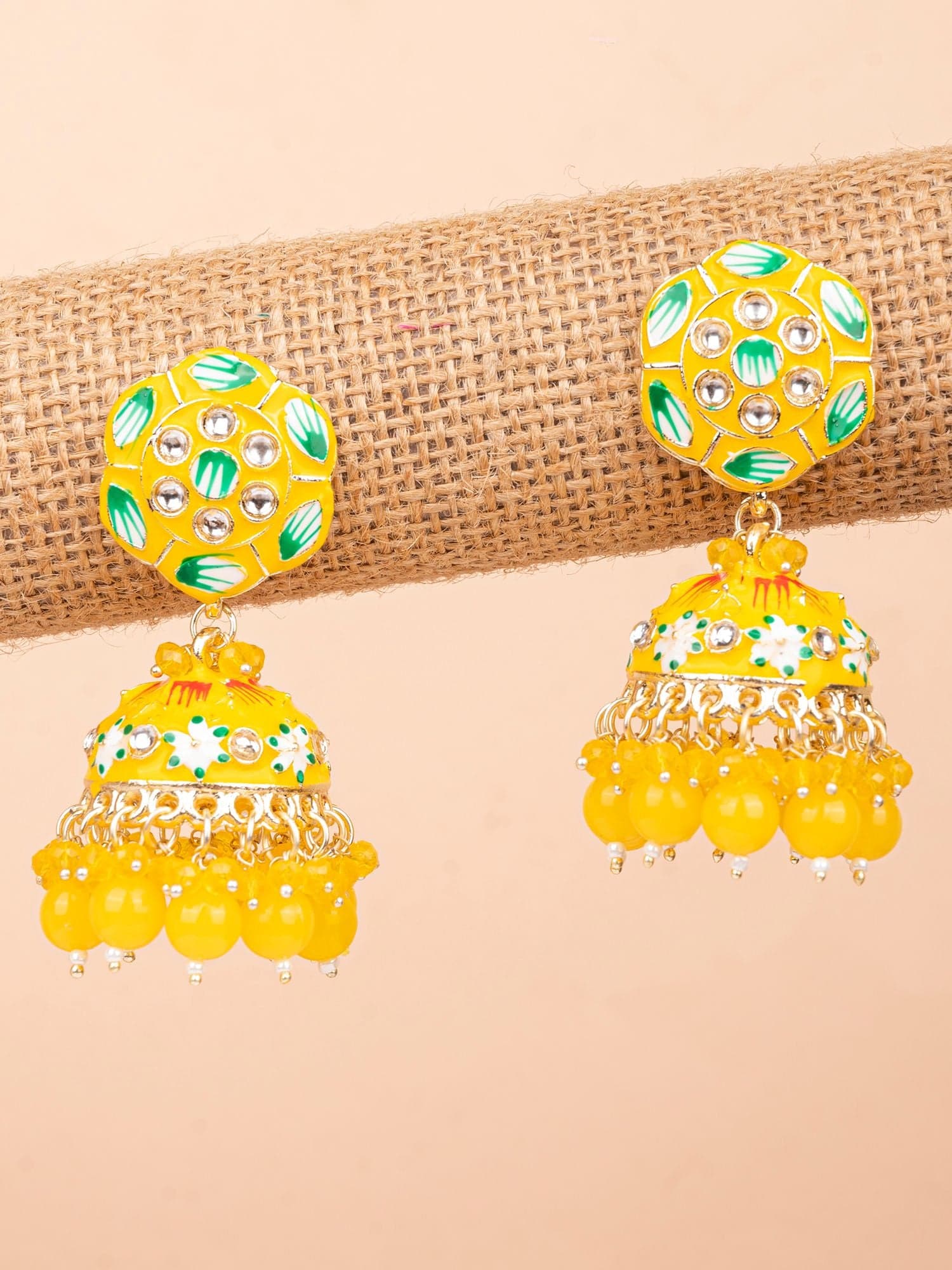 Golden Glaze Meenakari Jhumka Earrings with Yellow Bead Drops – Cherished Gift Idea for Her