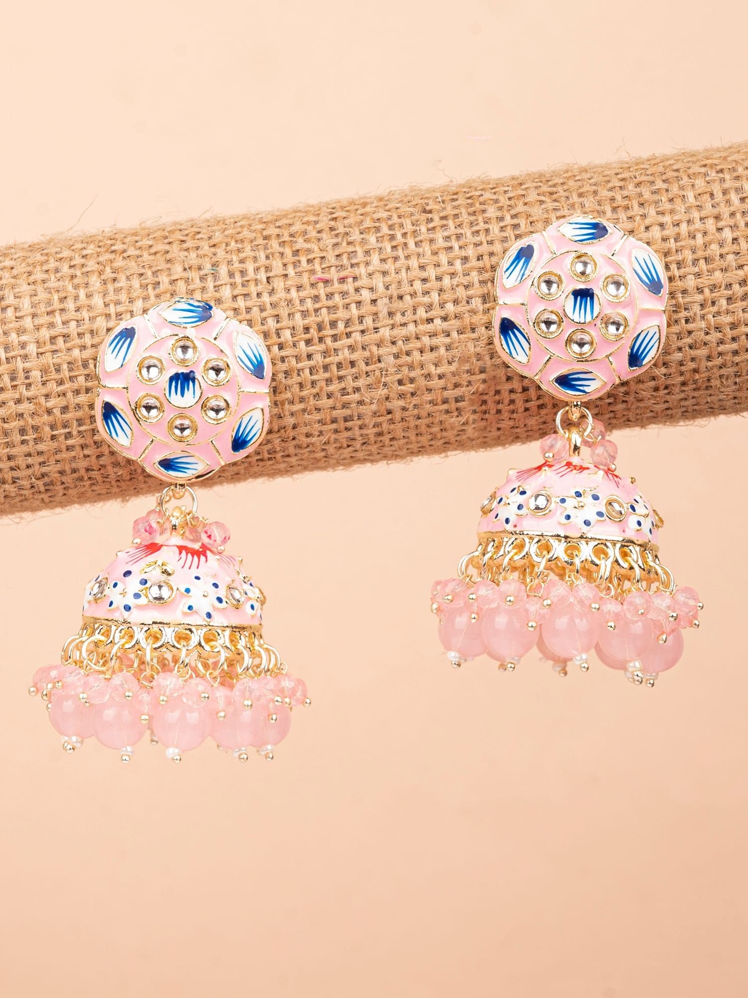 Floral Meenakari Jhumka Earrings with Pink Bead Drops - Elegant Engagement Gift for Her