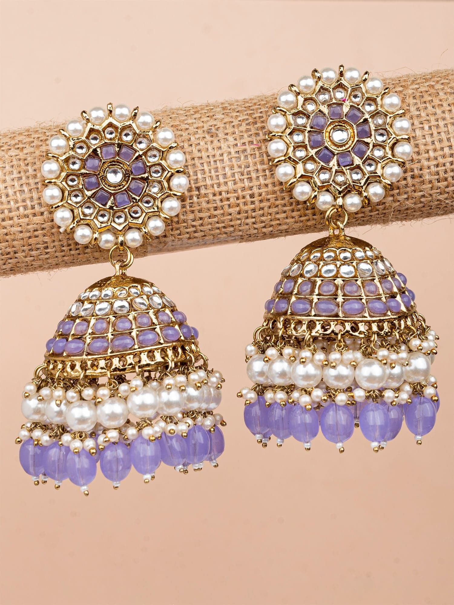 Purple Bliss Kundan Pearl Heavy Jhumka with Ear Chain - Exquisite Women's Jewelry Online